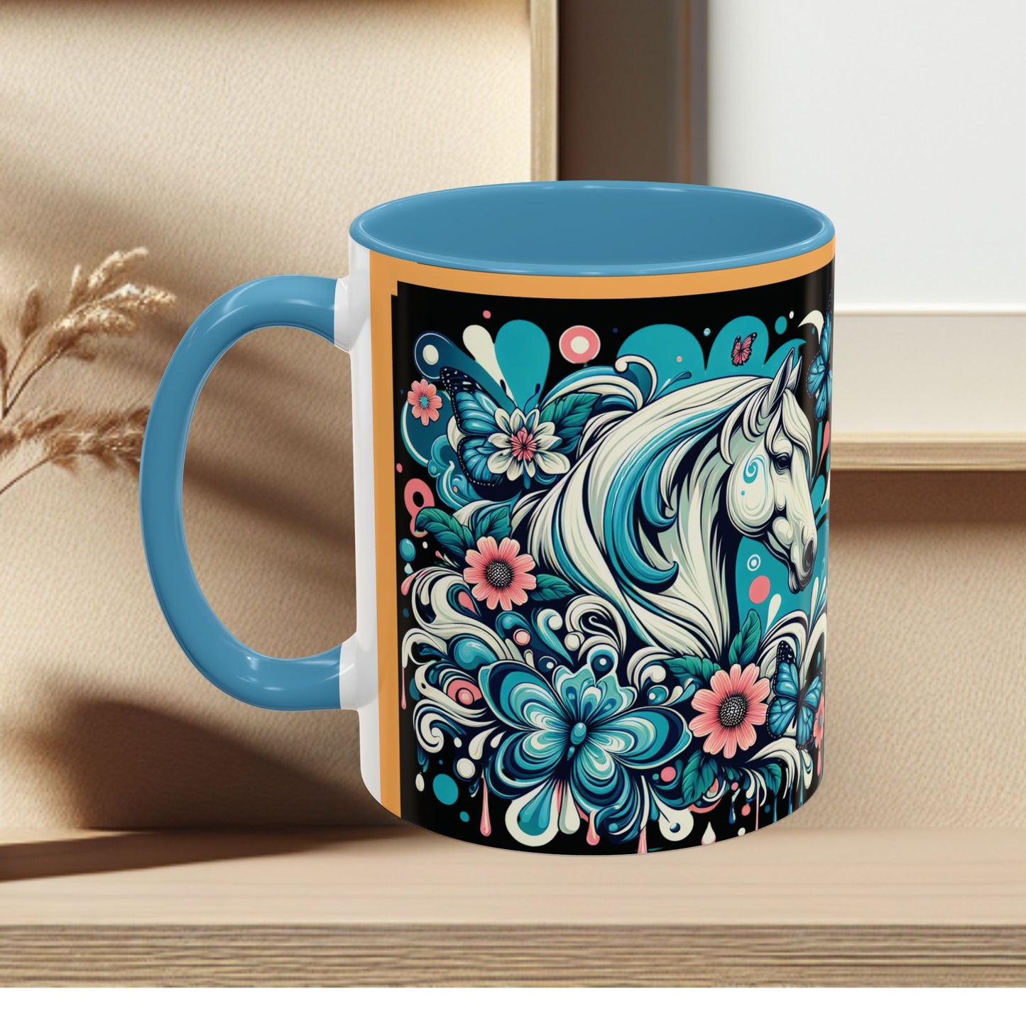 Coffee Mug White Horses with Blue Highlights in Flowers - Mug