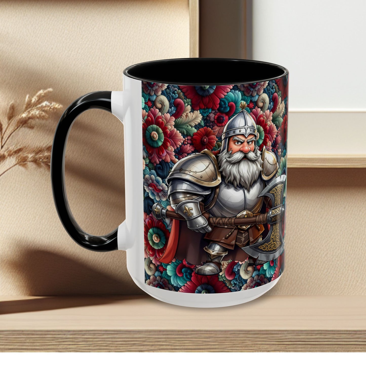 Adventurers Accent Coffee Mug — Dwarf within Armor with a Double-Bladed Battle Axe Design (11/15oz)
