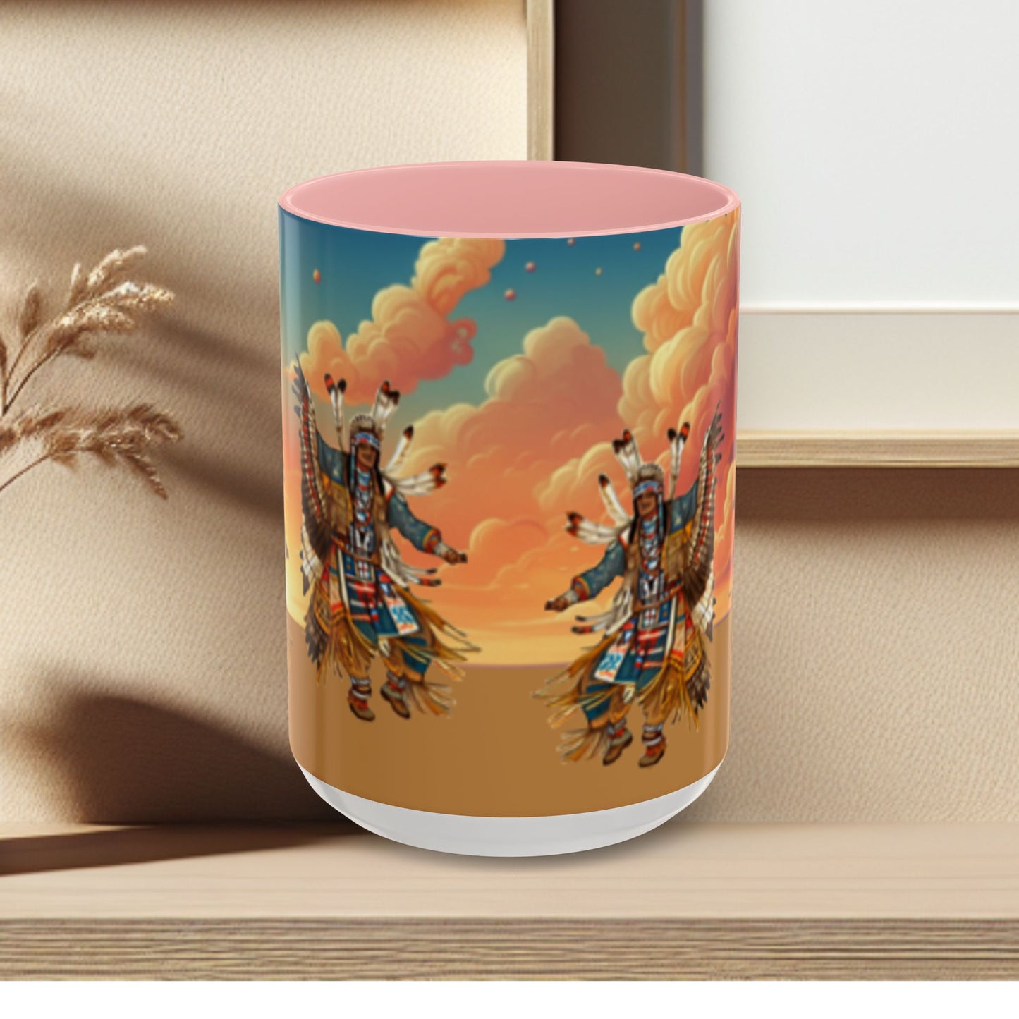 Sunset Powwow Ceramic Mug — Native American Dancer Accent Coffee Mug (11/15oz)