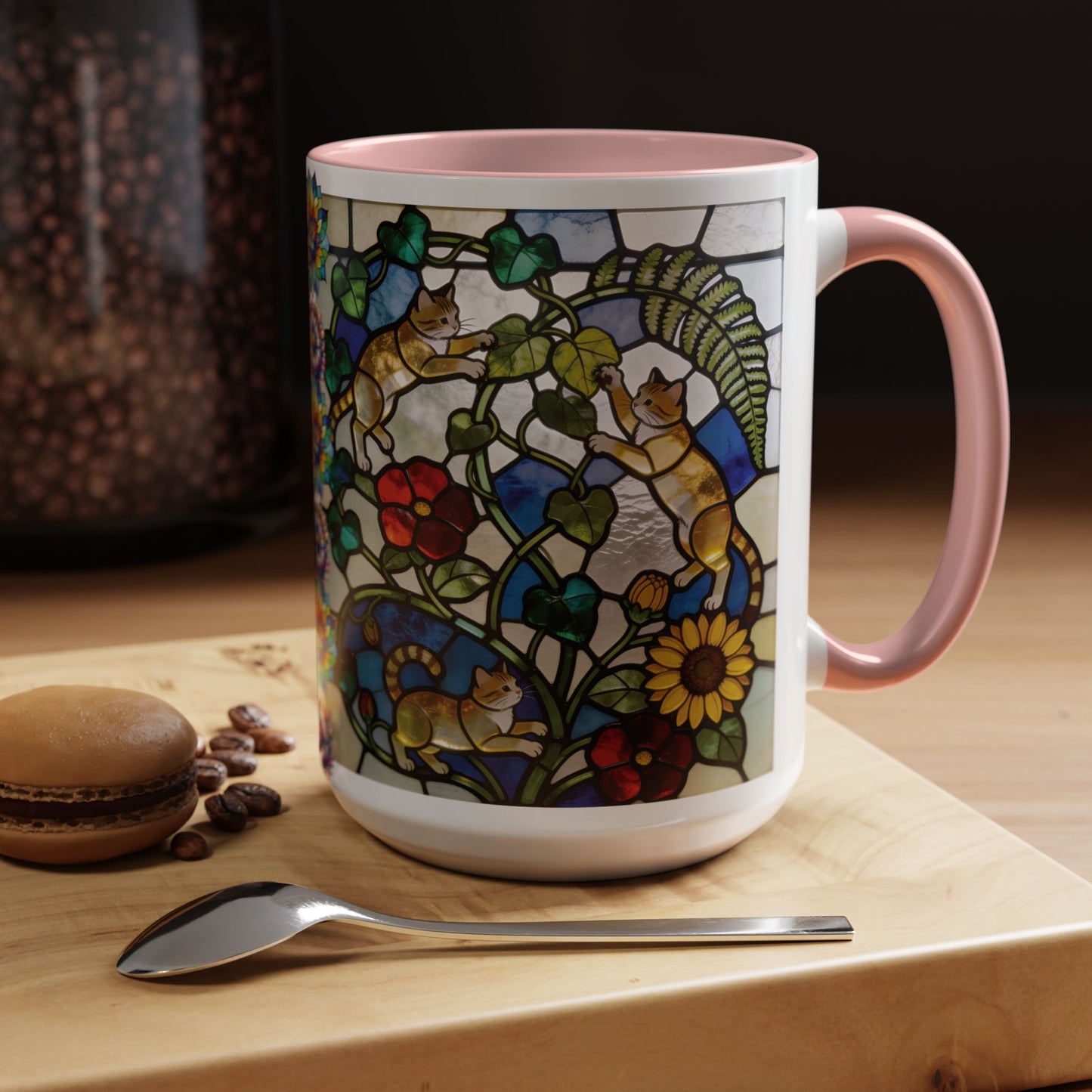 Stained Glass Cats Accent Coffee Mug – Floral Tiffany-Style 11/15oz