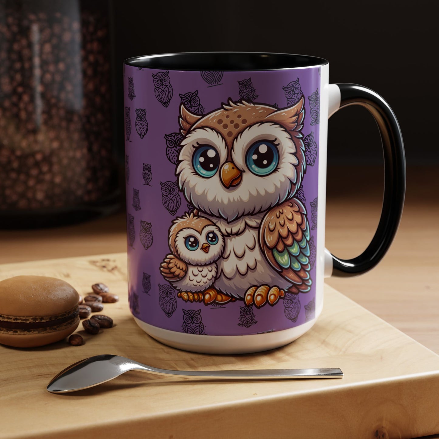 Purple Coffee Mug - Owl Family - Colorful Inspirational Owl Design