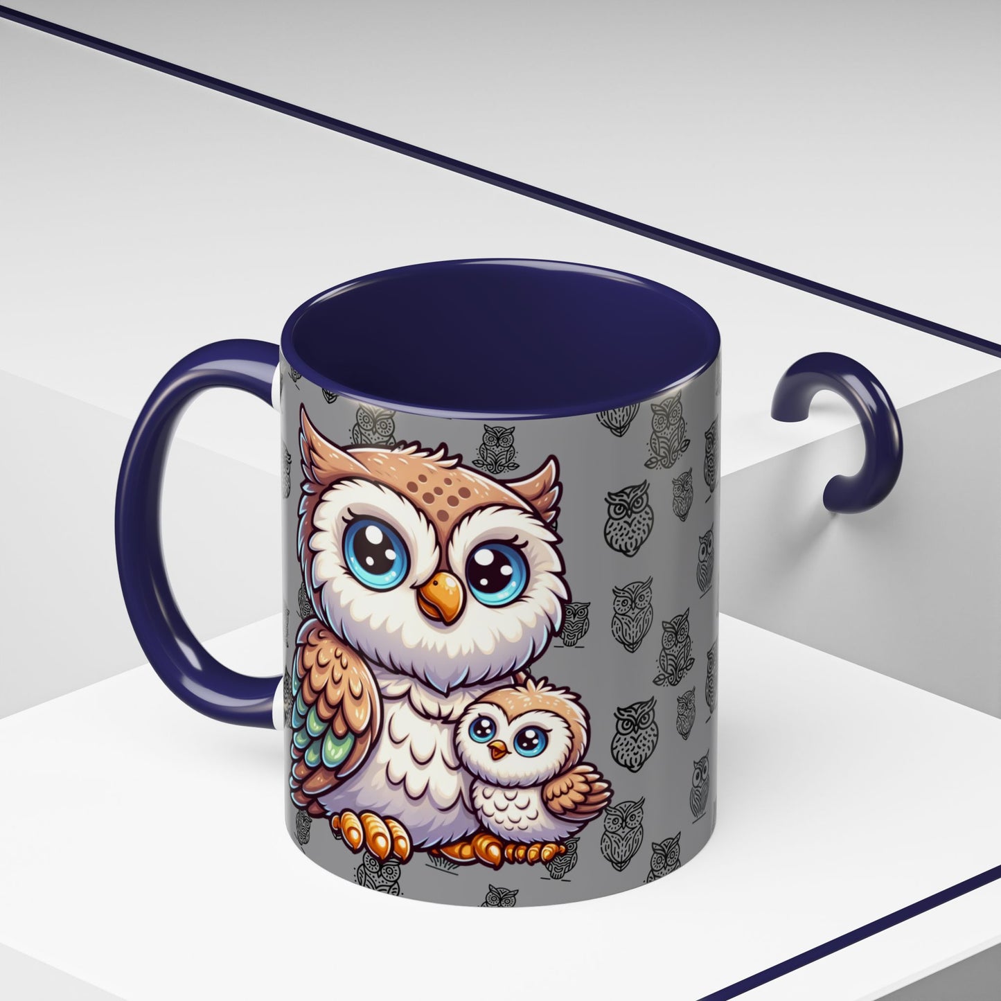 Gray Coffee Mug - Owl Family - Colorful Inspirational Owl Design