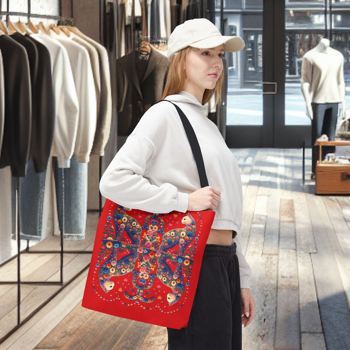 Loving Cat Flower Mozaic Tote Bag Dark Red