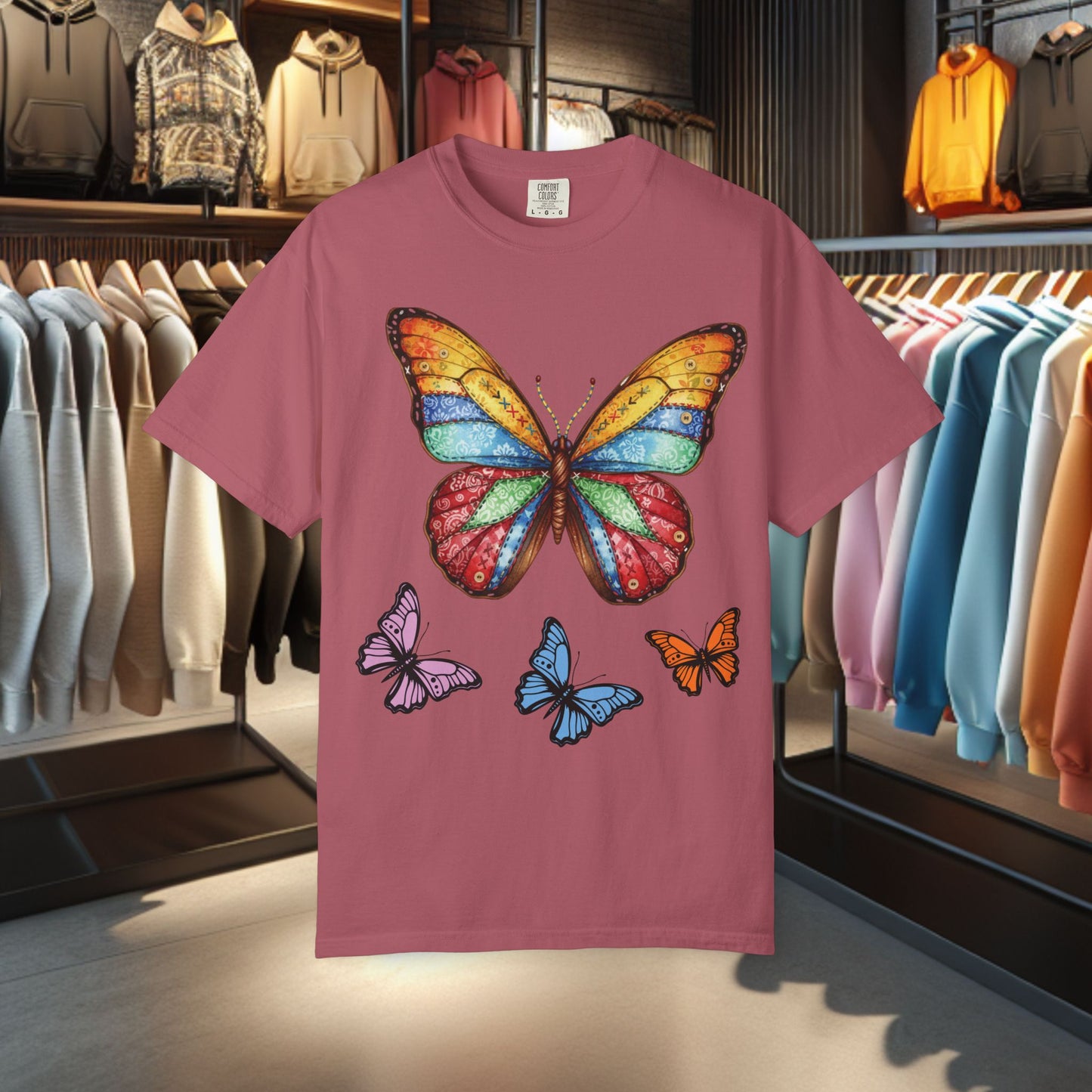 Bright Colorful Patchwork Butterfly T-Shirt — pho Patchwork Garment-Dyed Top