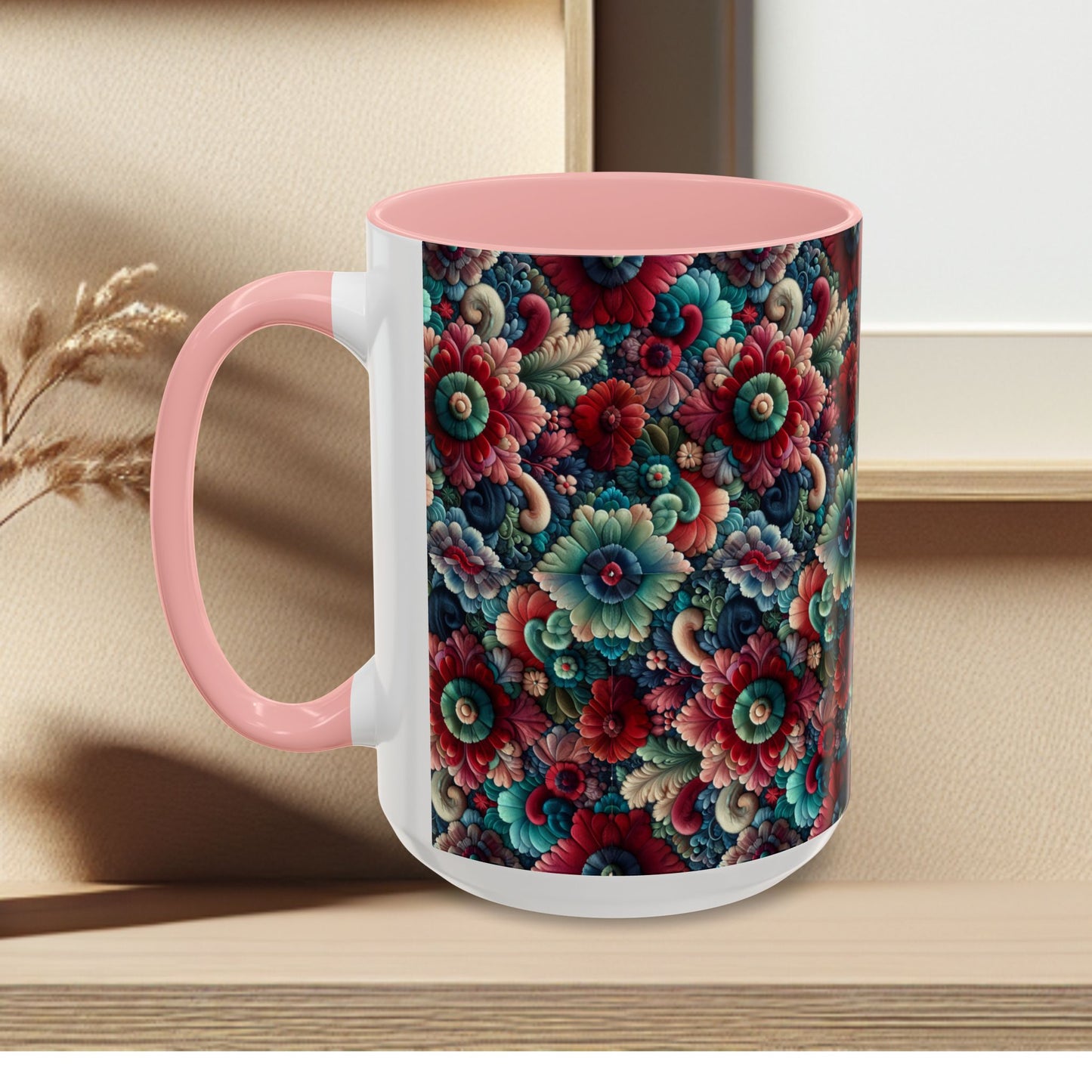 Beautiful Floral Pattern Accent Coffee Mug — Vibrant Vintage Bloom Design (11/15oz)