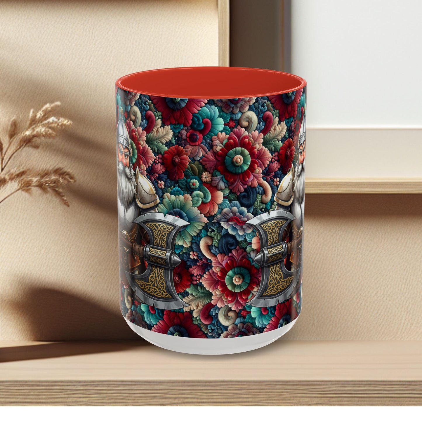 Adventurers Accent Coffee Mug — Dwarf within Armor with a Double-Bladed Battle Axe Design (11/15oz)