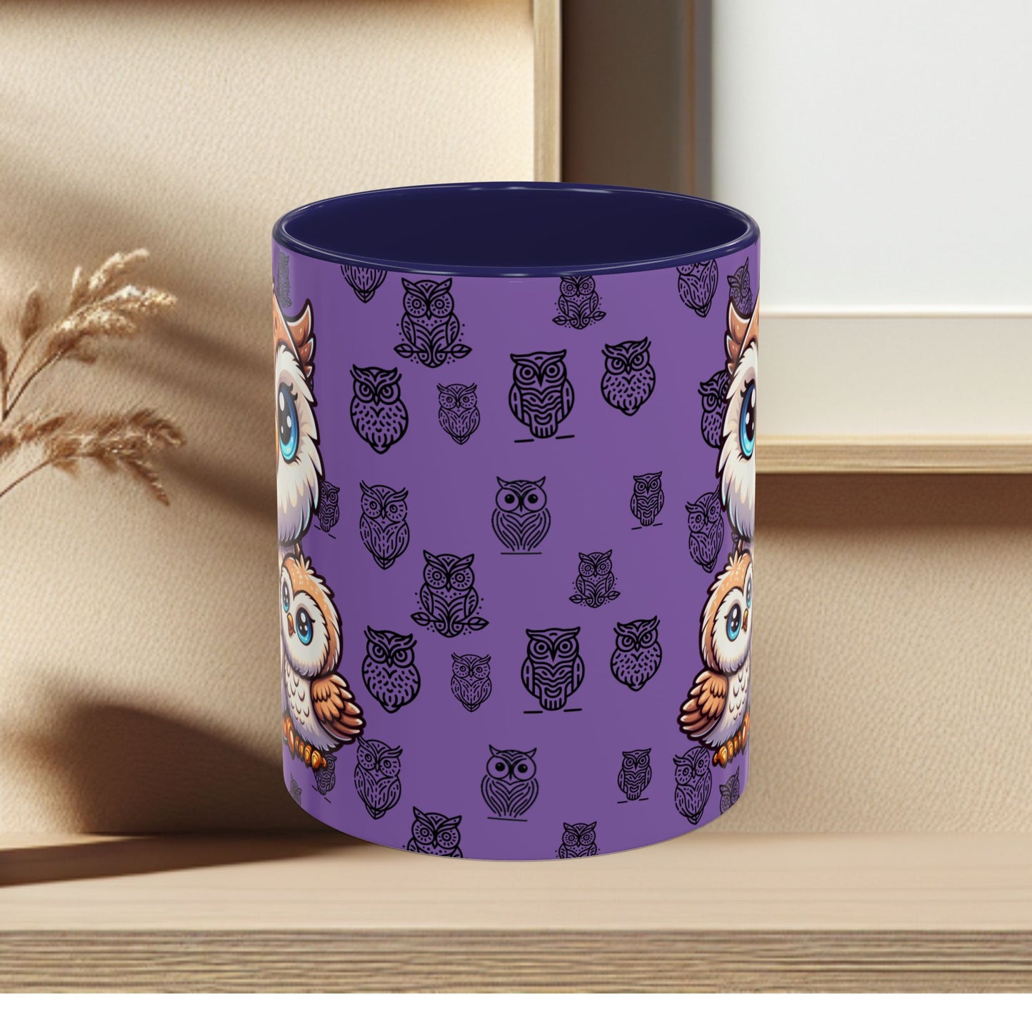 Purple Coffee Mug - Owl Family - Colorful Inspirational Owl Design