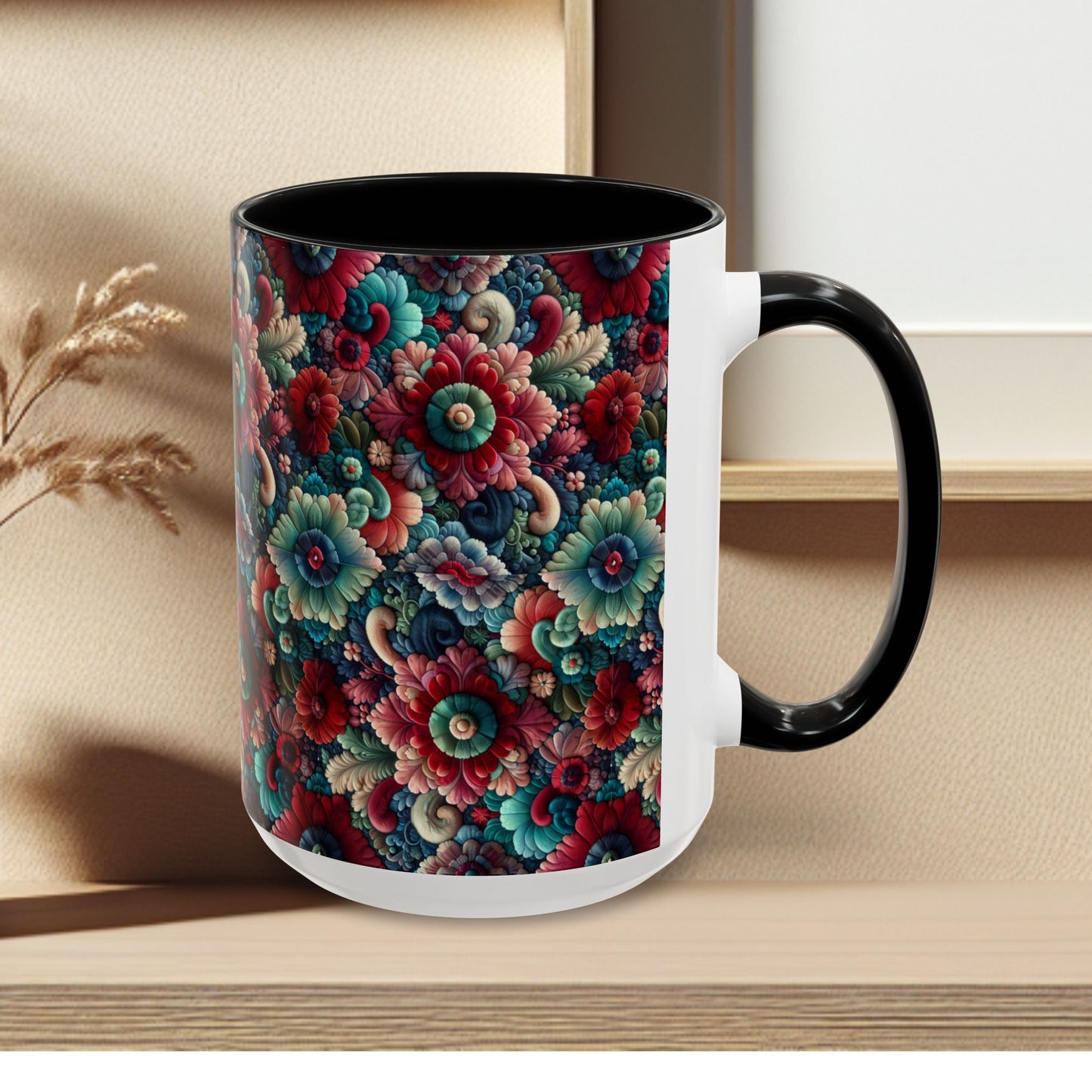 Beautiful Floral Pattern Accent Coffee Mug — Vibrant Vintage Bloom Design (11/15oz)