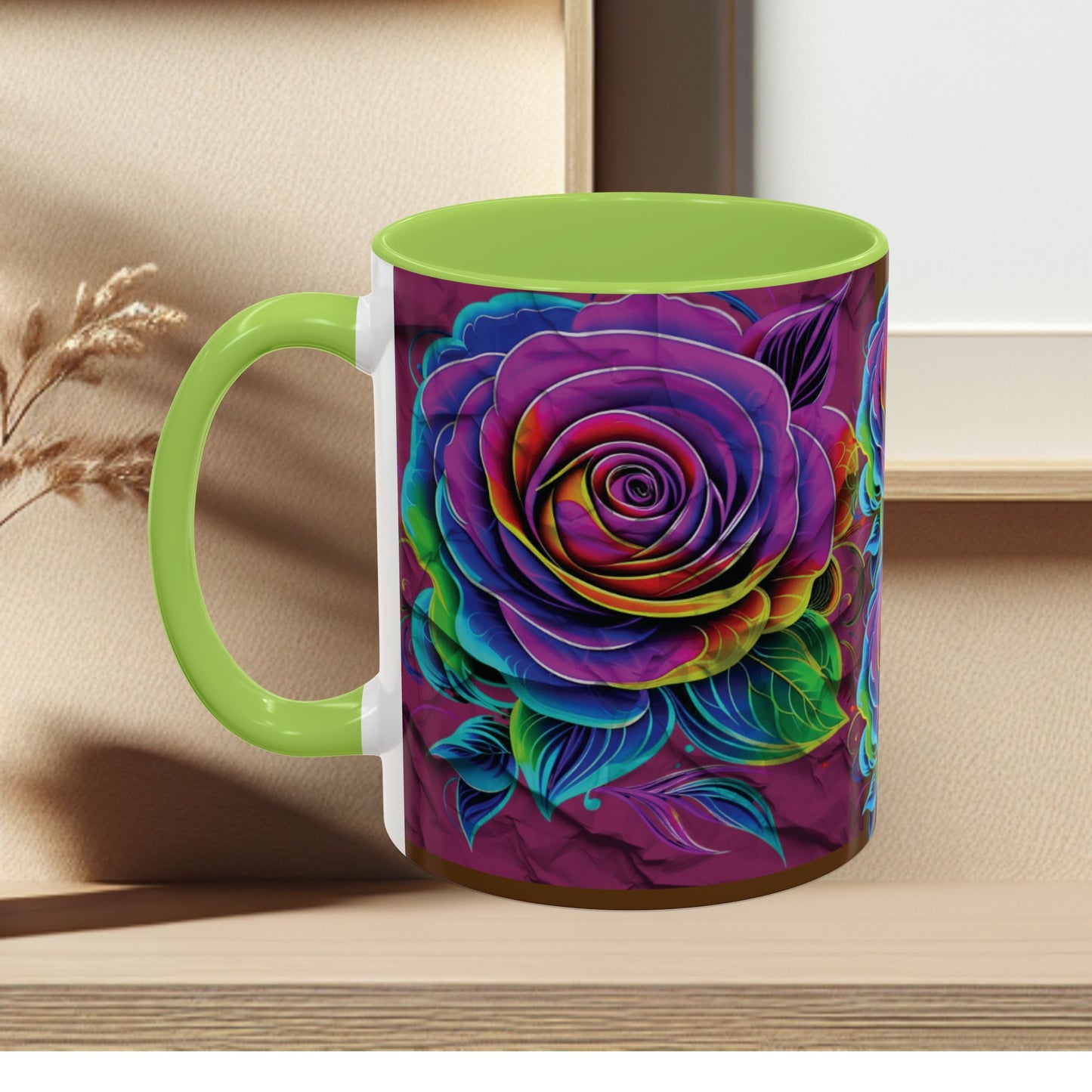 Rainbow Rose Accent Coffee Mug — Colorful Floral 11/15oz