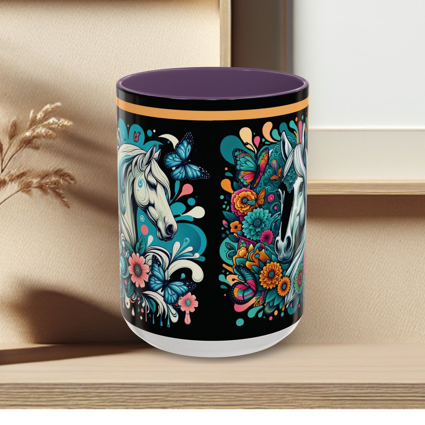 Coffee Mug White Horses with Blue Highlights in Flowers - Mug