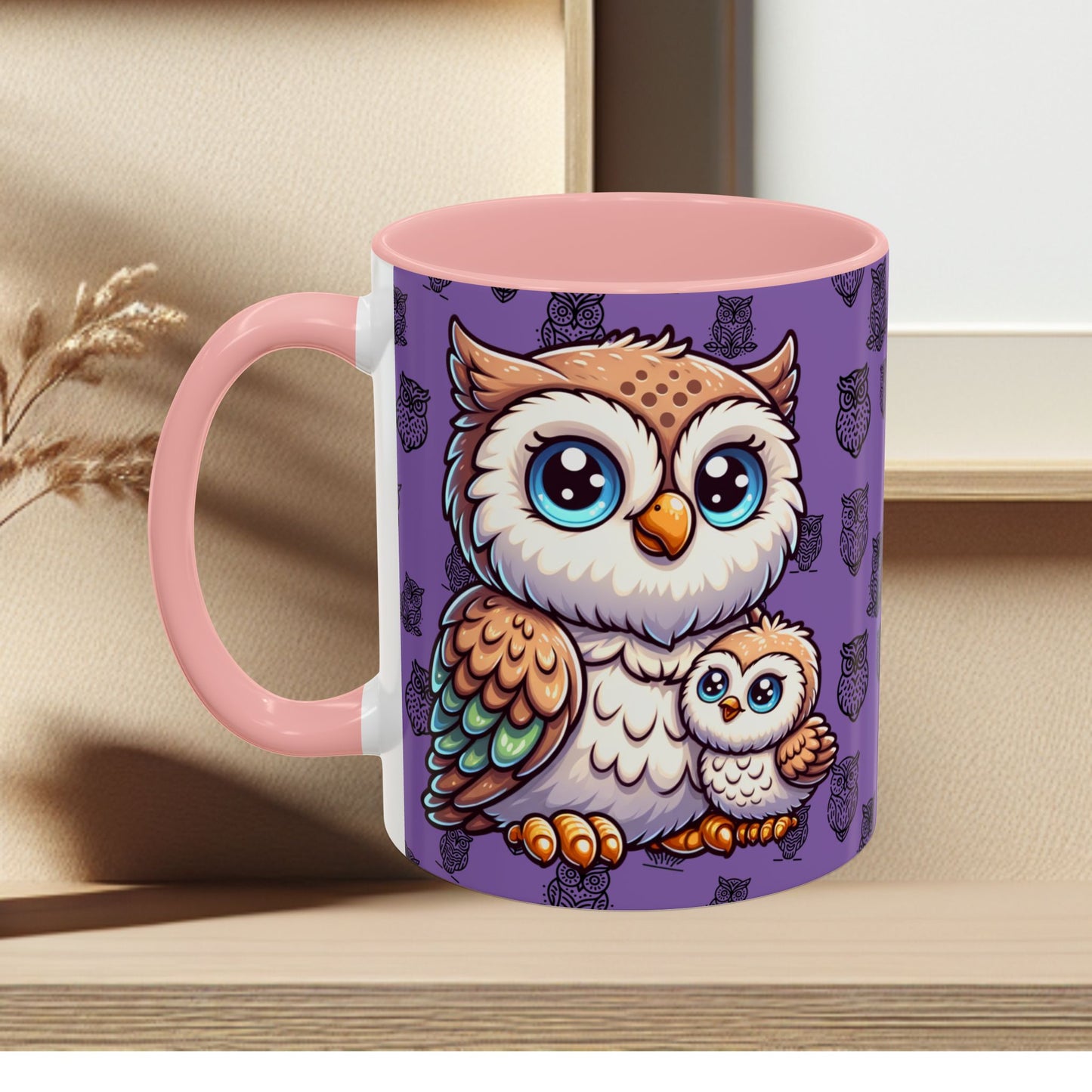 Purple Coffee Mug - Owl Family - Colorful Inspirational Owl Design