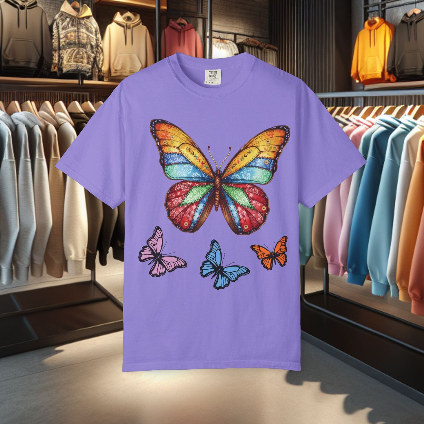 Bright Colorful Patchwork Butterfly T-Shirt — pho Patchwork Garment-Dyed Top