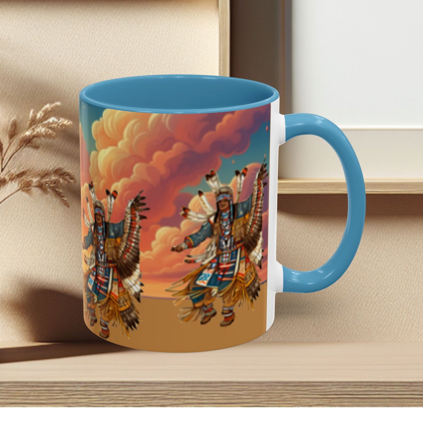 Sunset Powwow Ceramic Mug — Native American Dancer Accent Coffee Mug (11/15oz)