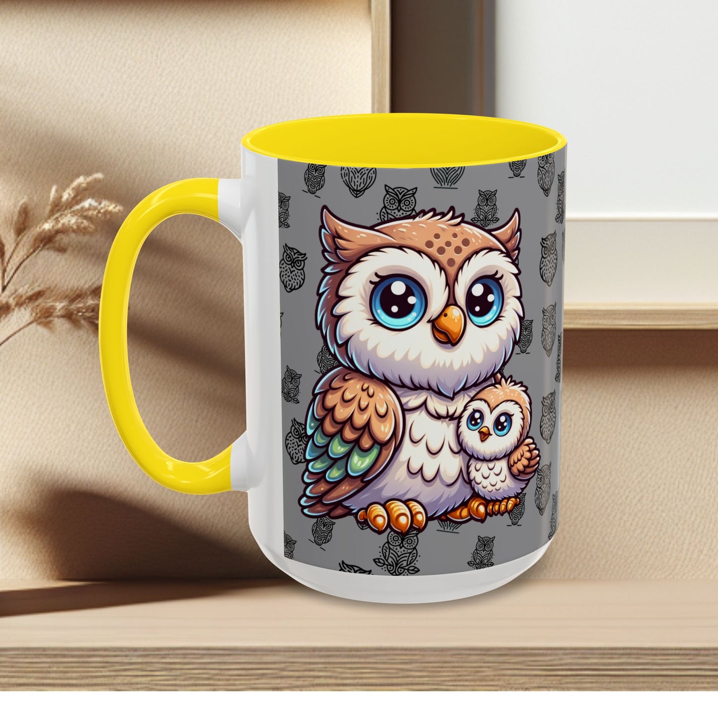 Gray Coffee Mug - Owl Family - Colorful Inspirational Owl Design