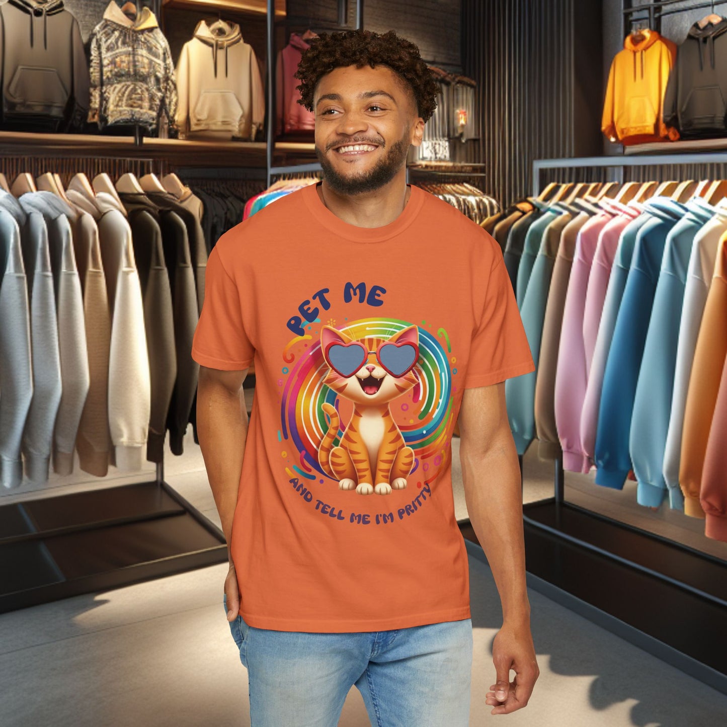 Groovy Orange Kitty Tee — "Pet Me" Dyed T-Shirt