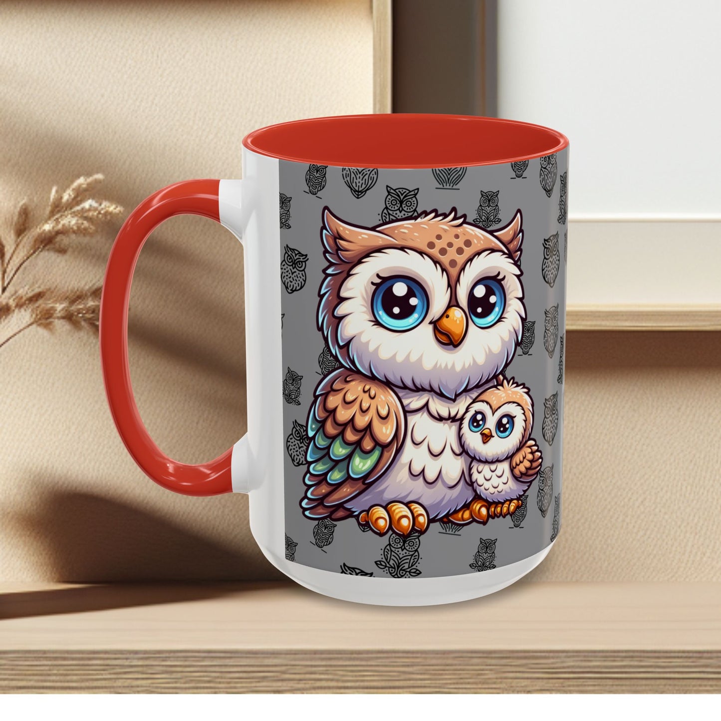 Gray Coffee Mug - Owl Family - Colorful Inspirational Owl Design