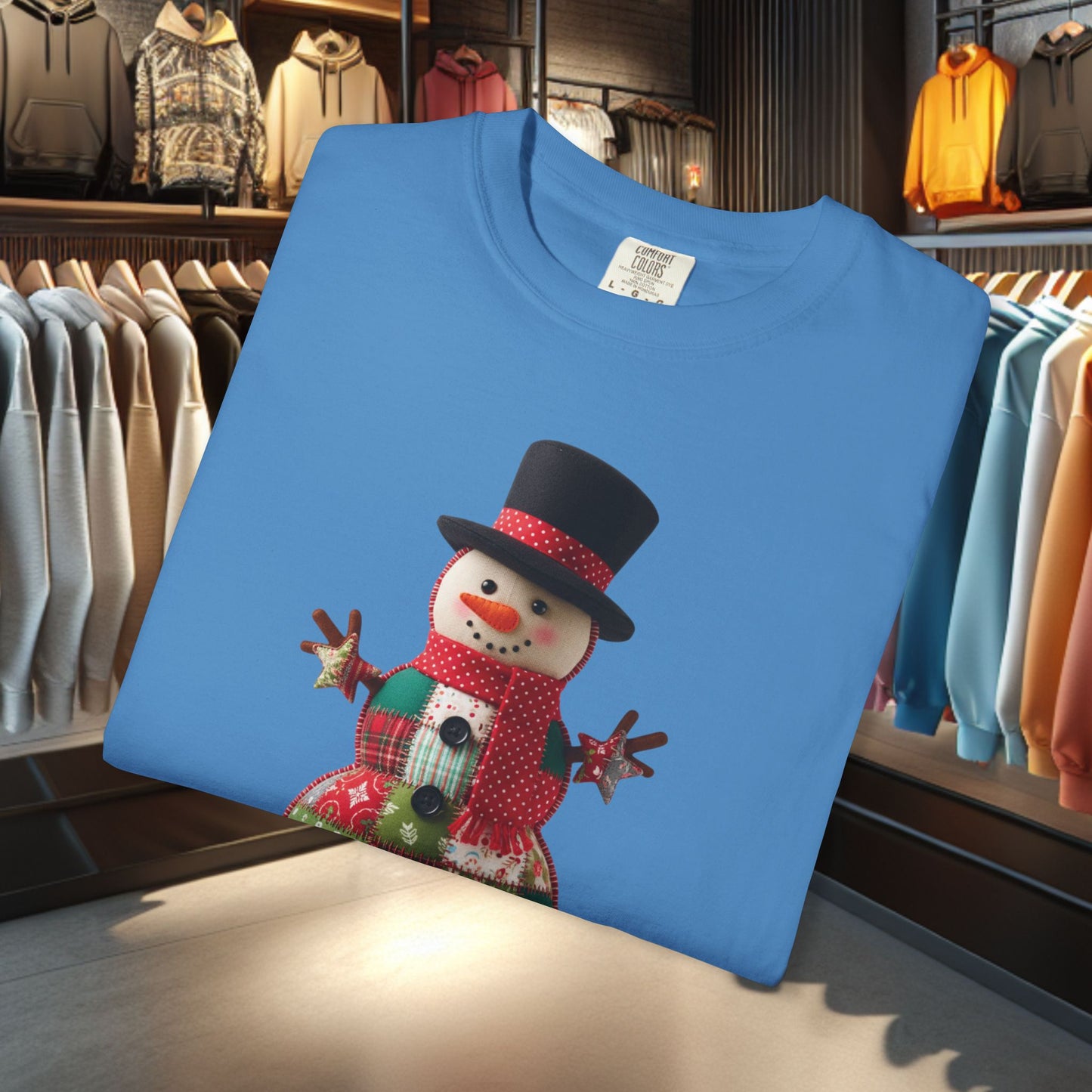 Patchwork Snowman T-Shirt — "Faux Patchwork" Garment-Dyed