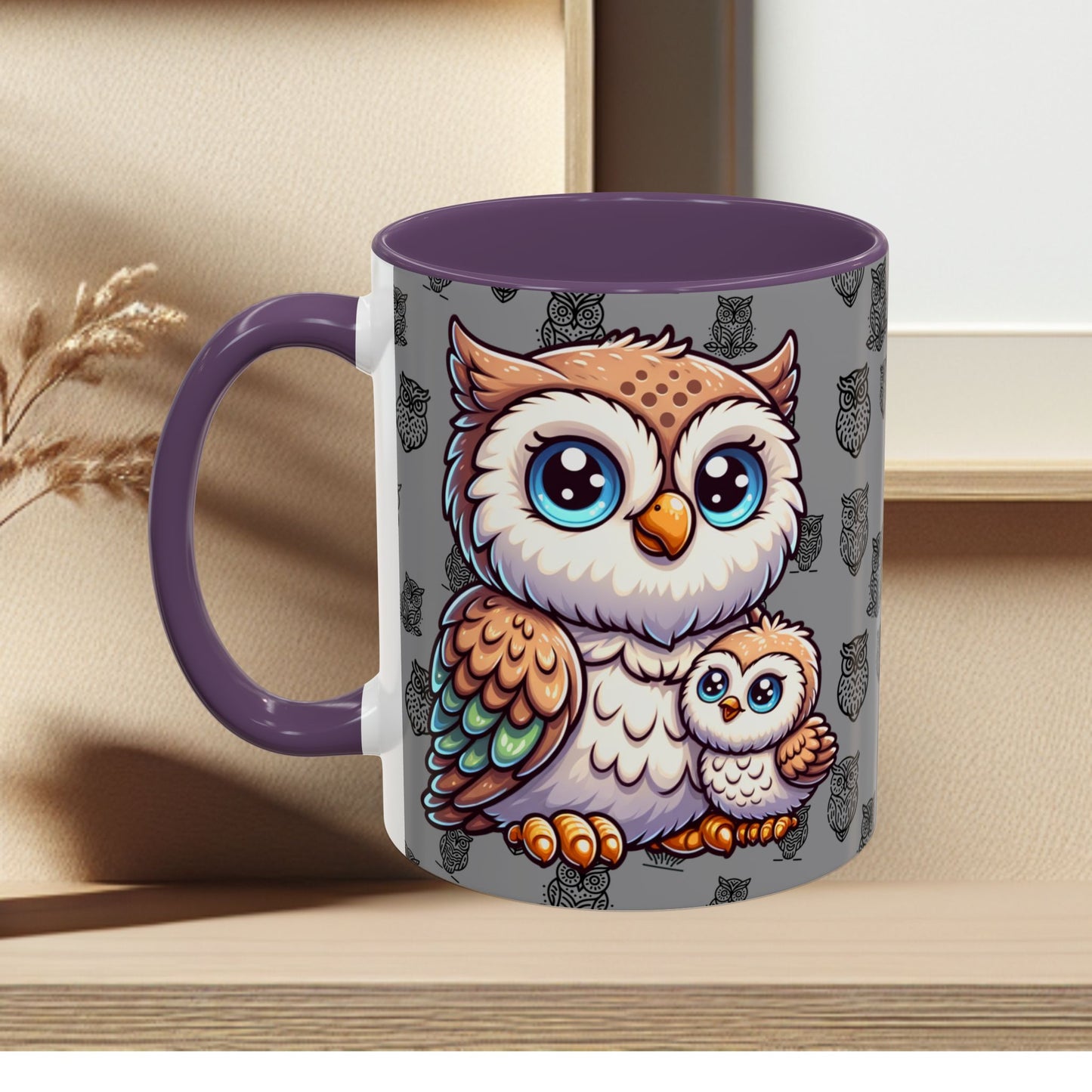 Gray Coffee Mug - Owl Family - Colorful Inspirational Owl Design