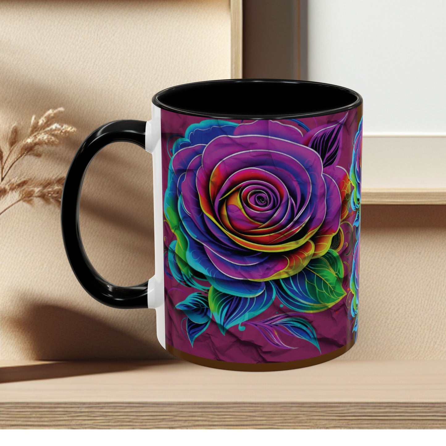 Rainbow Rose Accent Coffee Mug — Colorful Floral 11/15oz