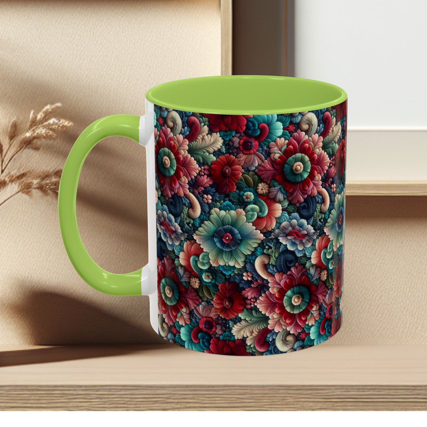 Beautiful Floral Pattern Accent Coffee Mug — Vibrant Vintage Bloom Design (11/15oz)