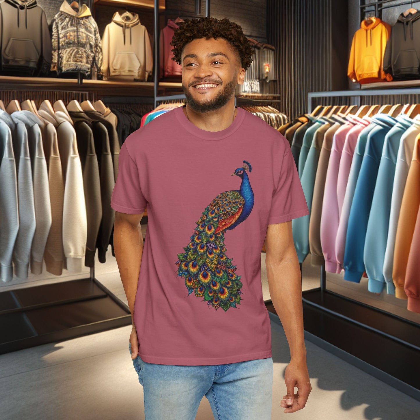 Patchwork Peacock, Garment-Dyed T-Shirt — pho Patchwork Festive Top