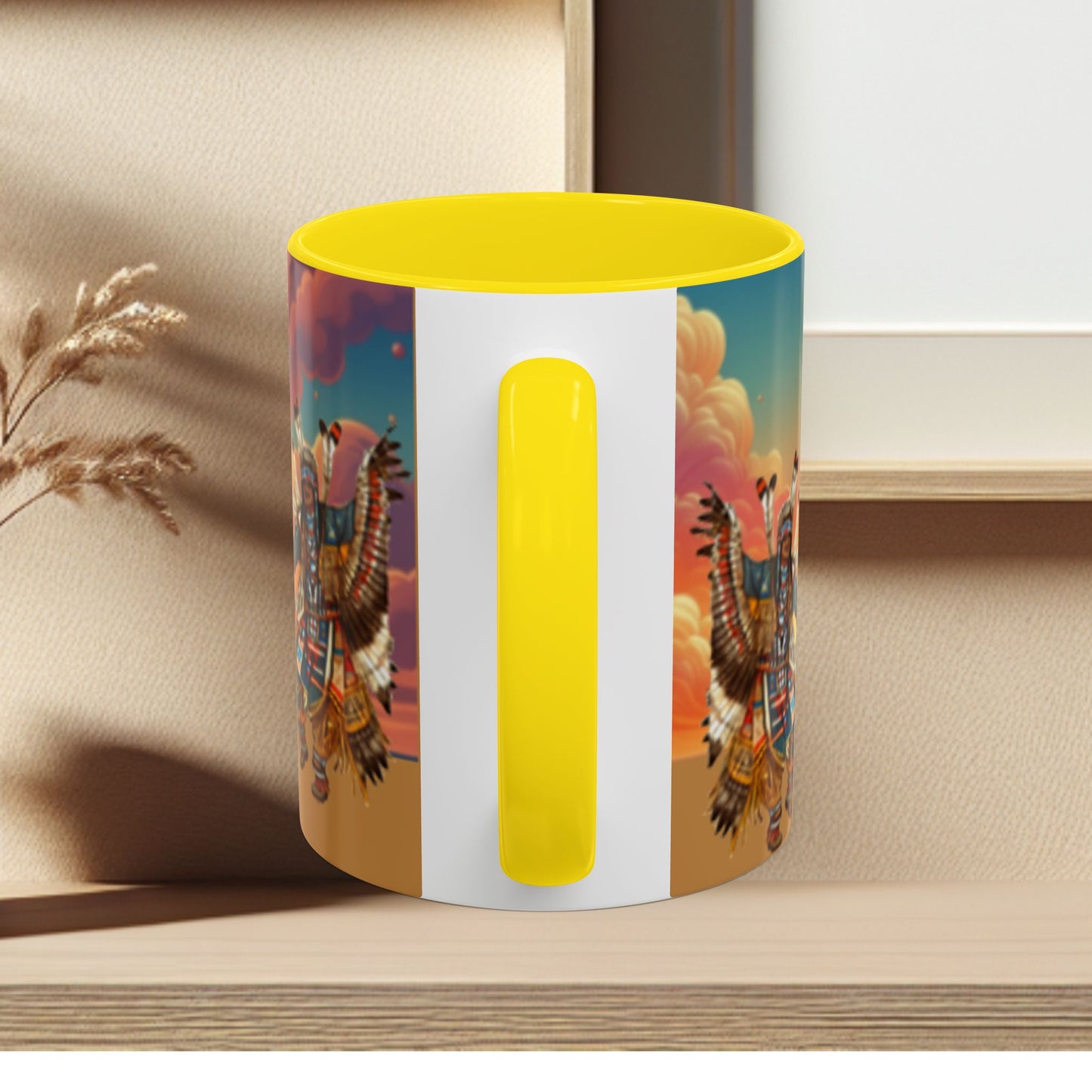 Sunset Powwow Ceramic Mug — Native American Dancer Accent Coffee Mug (11/15oz)