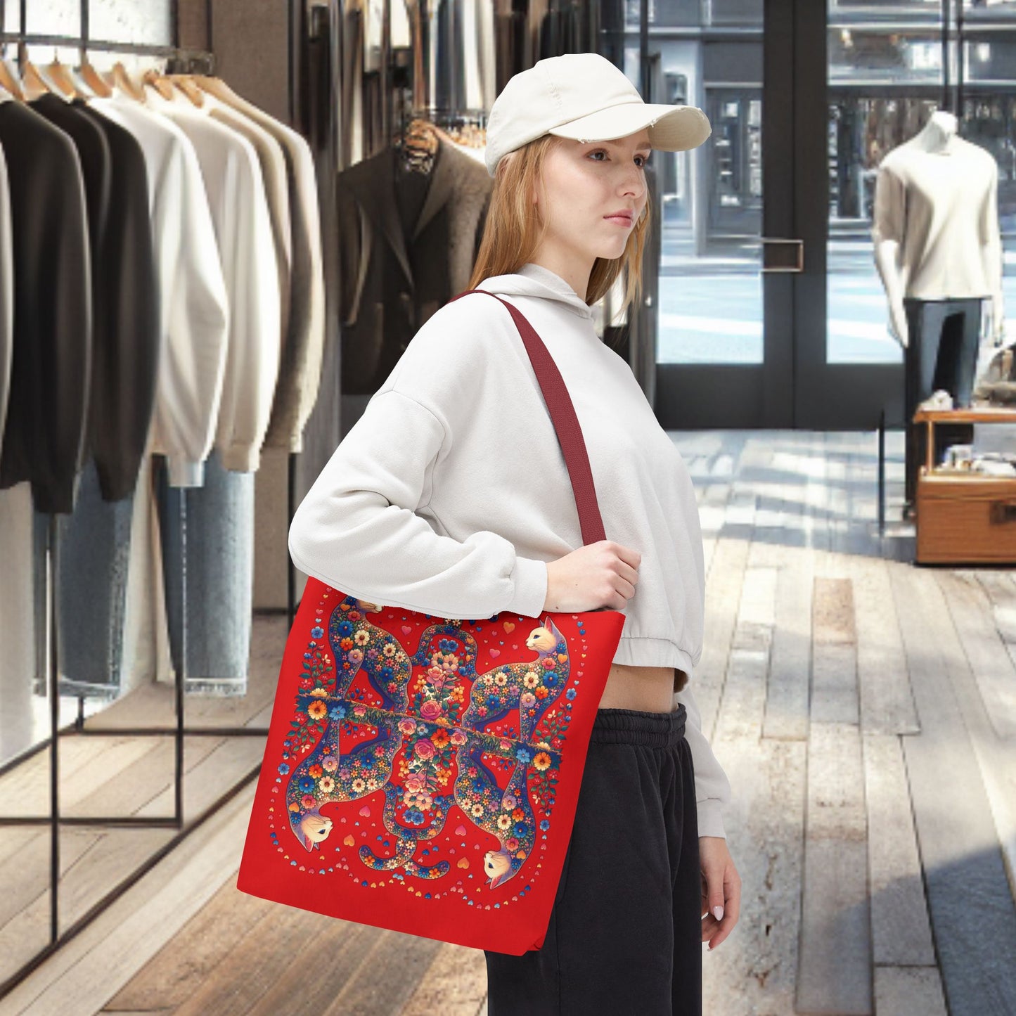 Mosaic Loving Cat Dark Red Tote Bag