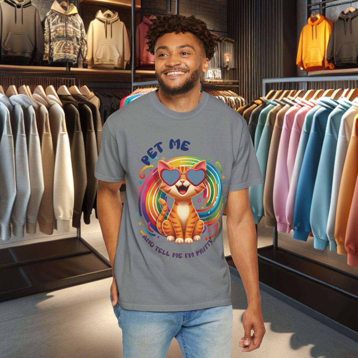 Groovy Orange Kitty Tee — "Pet Me" Dyed T-Shirt