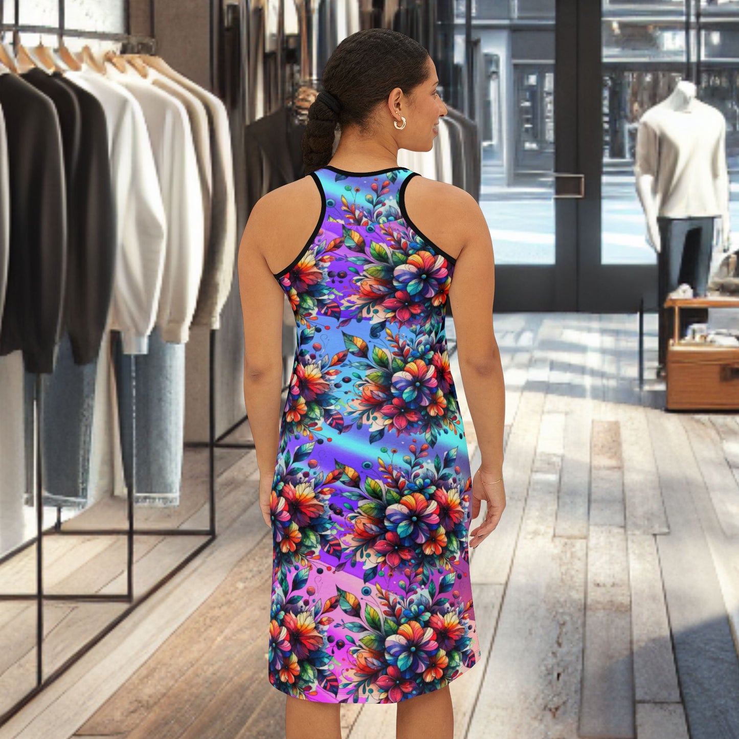 Floral Burst Racerback Dress — Vibrant Color Bouquet All-Over Print