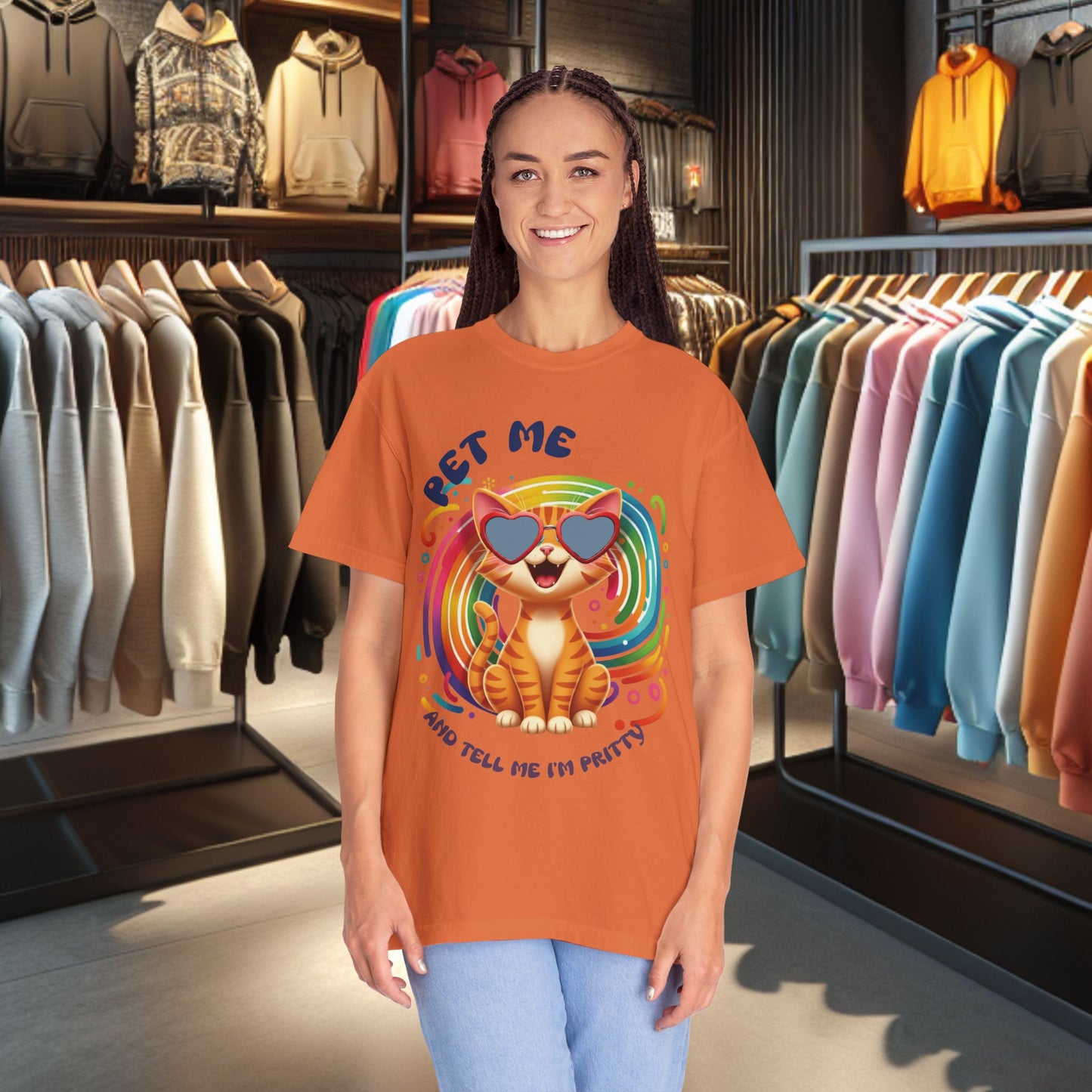 Groovy Orange Kitty Tee — "Pet Me" Dyed T-Shirt