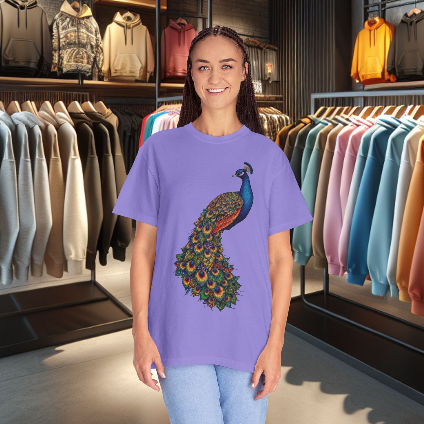 Patchwork Peacock, Garment-Dyed T-Shirt — pho Patchwork Festive Top
