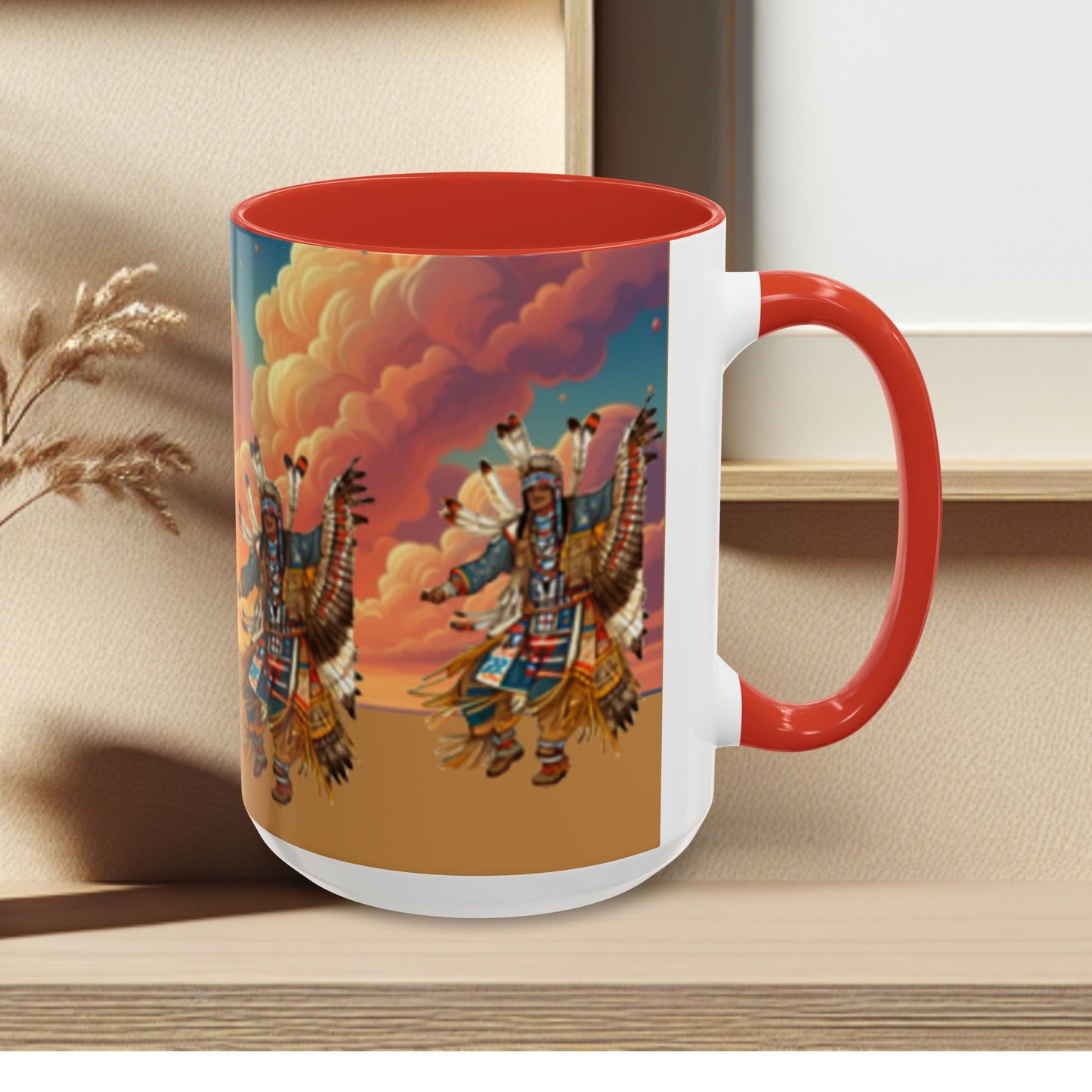 Sunset Powwow Ceramic Mug — Native American Dancer Accent Coffee Mug (11/15oz)