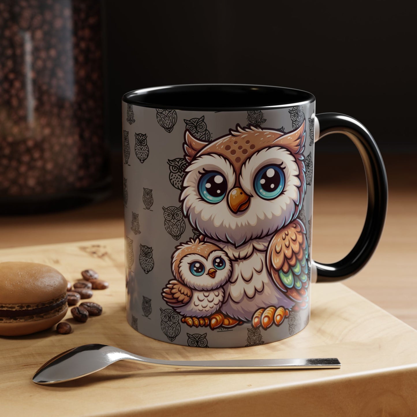 Gray Coffee Mug - Owl Family - Colorful Inspirational Owl Design