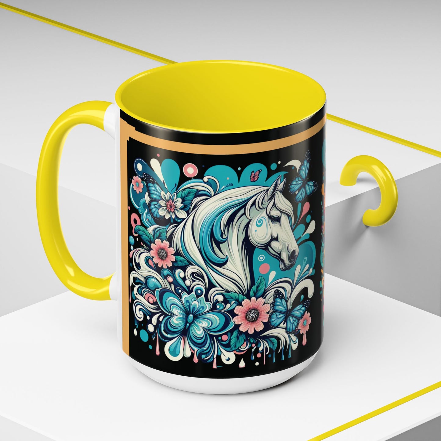 Coffee Mug White Horses with Blue Highlights in Flowers - Mug