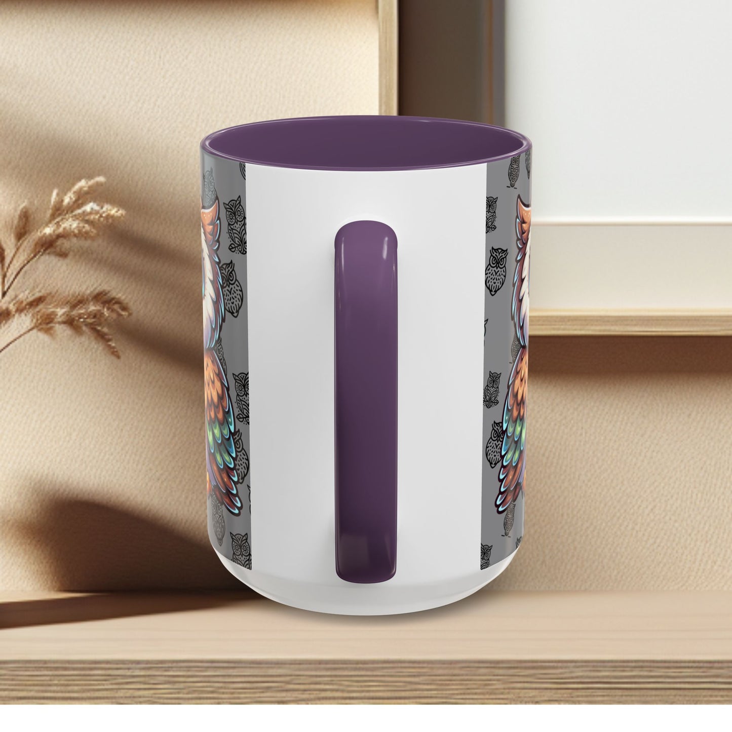 Gray Coffee Mug - Owl Family - Colorful Inspirational Owl Design