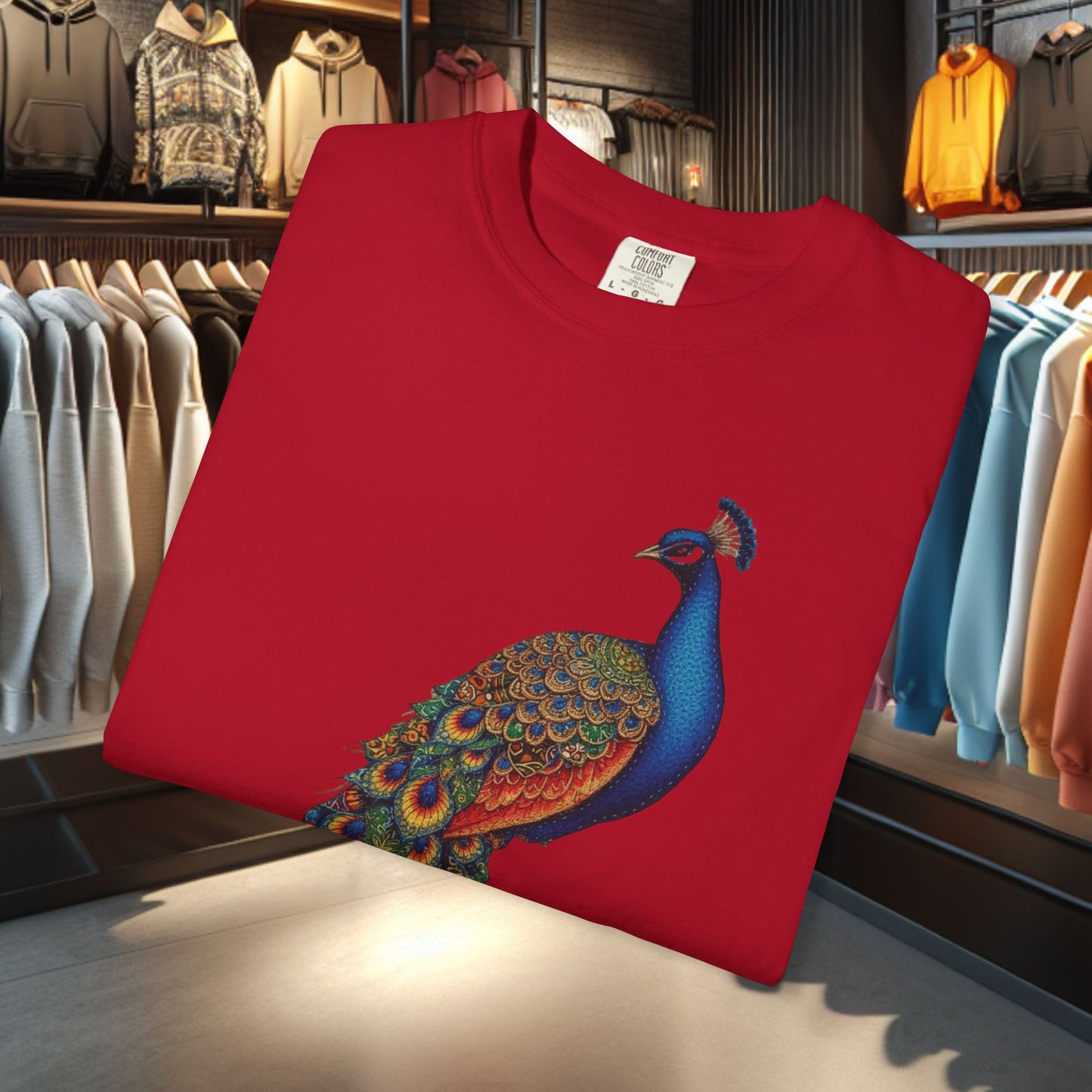 Patchwork Peacock, Garment-Dyed T-Shirt — pho Patchwork Festive Top
