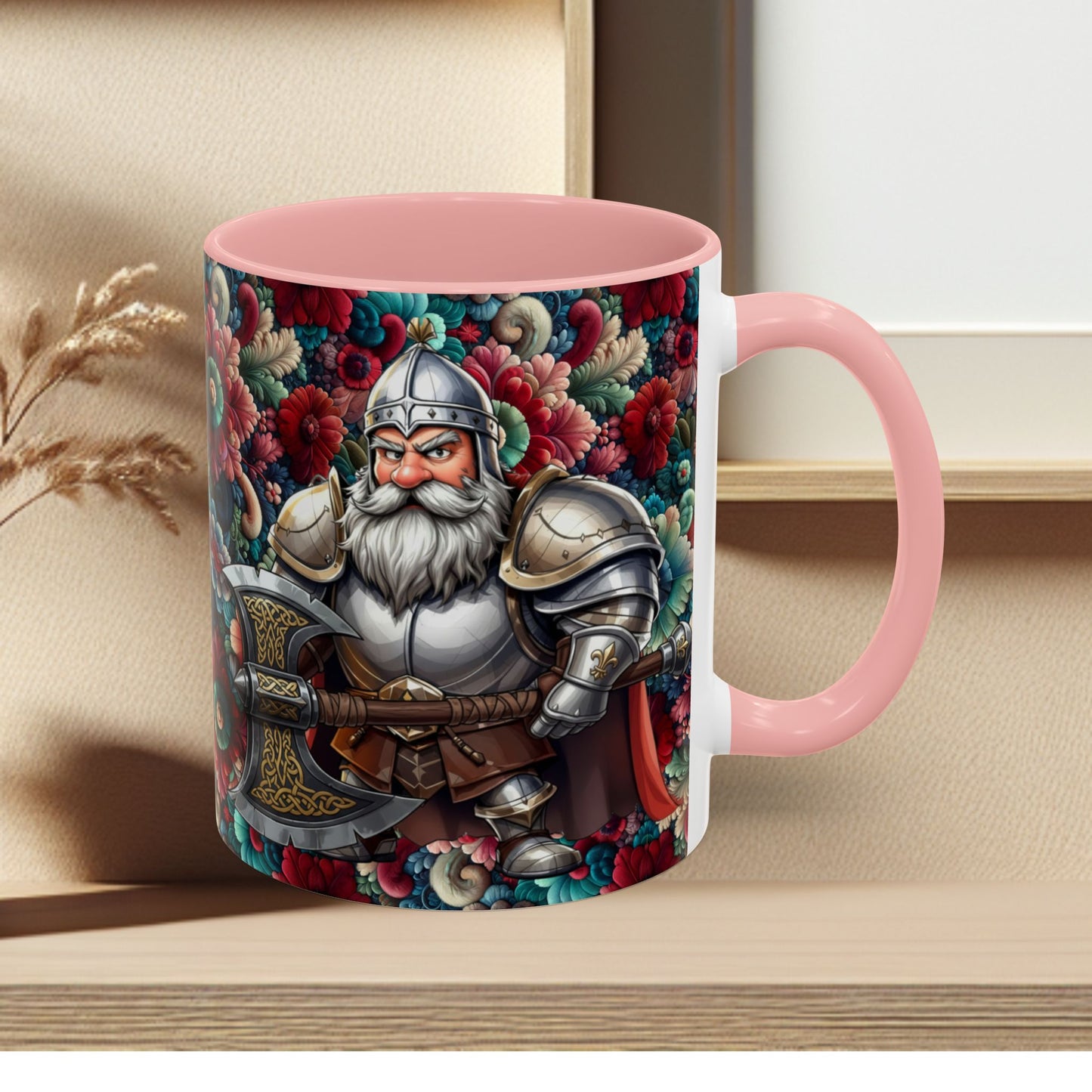 Adventurers Accent Coffee Mug — Dwarf within Armor with a Double-Bladed Battle Axe Design (11/15oz)