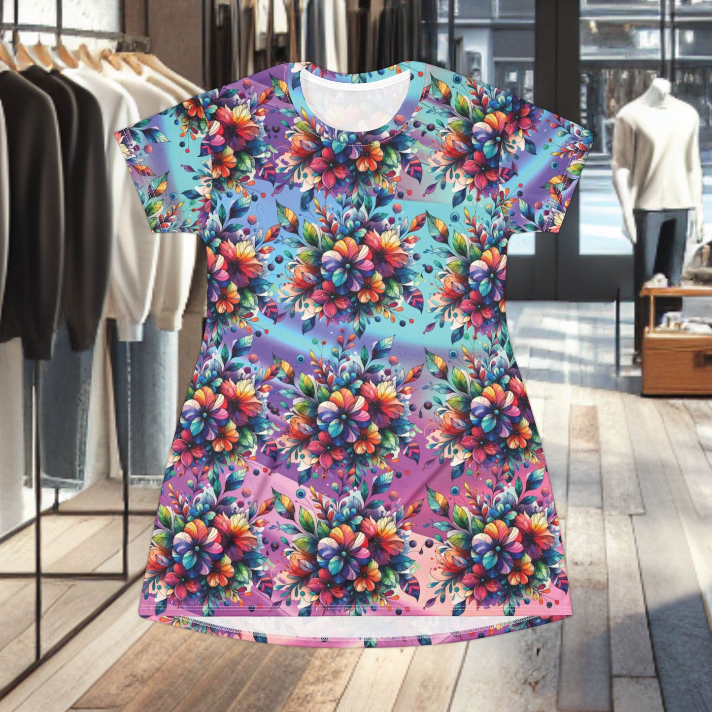 Floral Burst All-Over Print T-Shirt Dress — Colorful Boho Garden Vibe