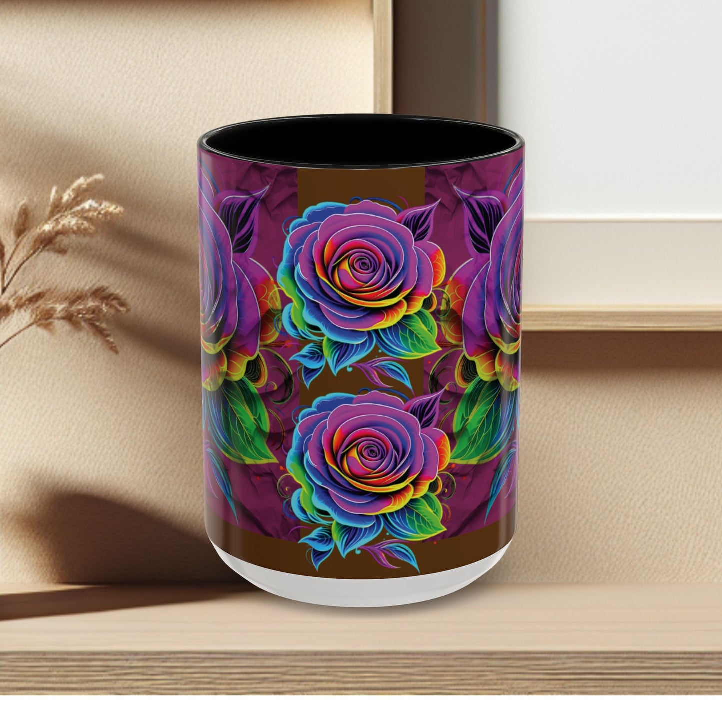 Rainbow Rose Accent Coffee Mug — Colorful Floral 11/15oz