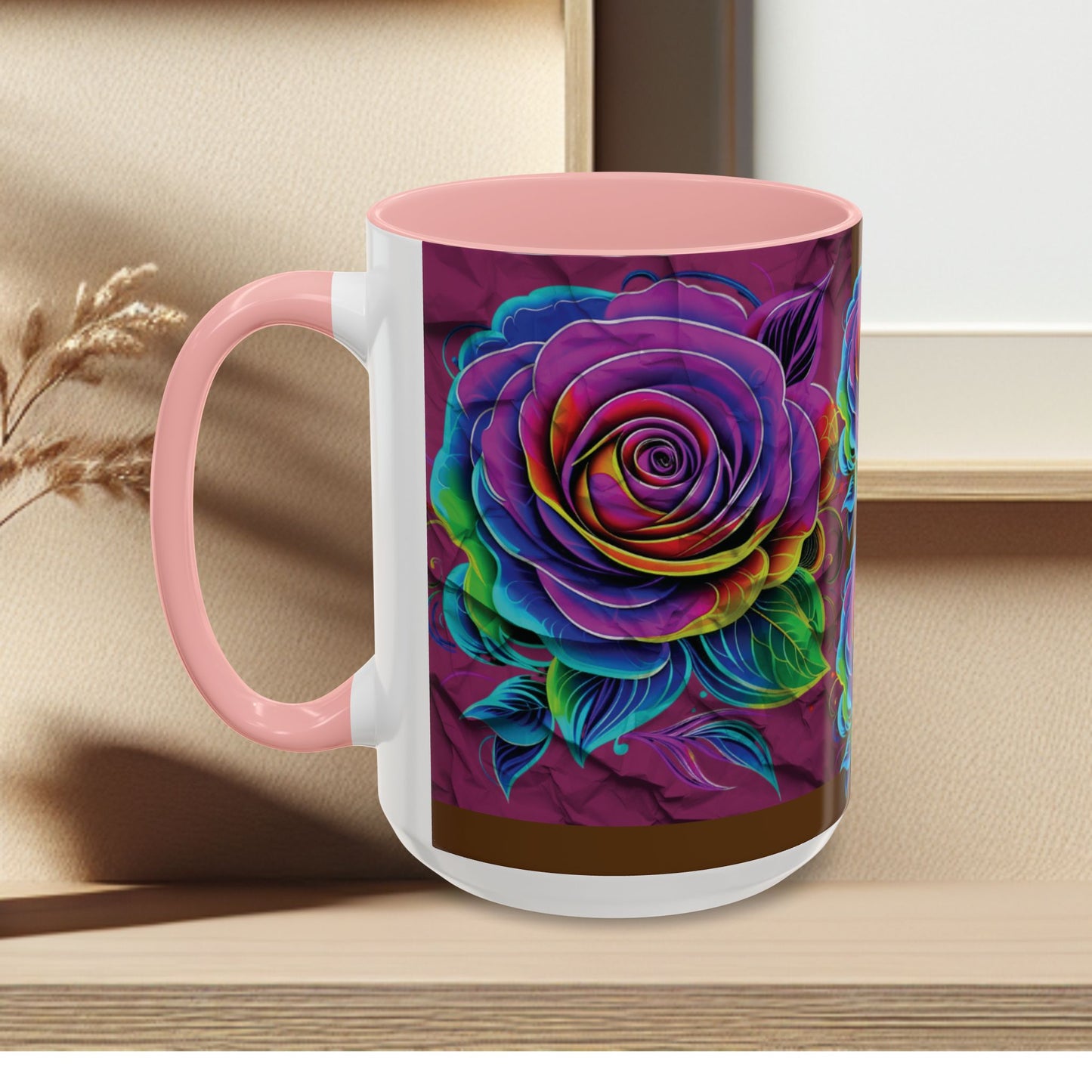 Rainbow Rose Accent Coffee Mug — Colorful Floral 11/15oz