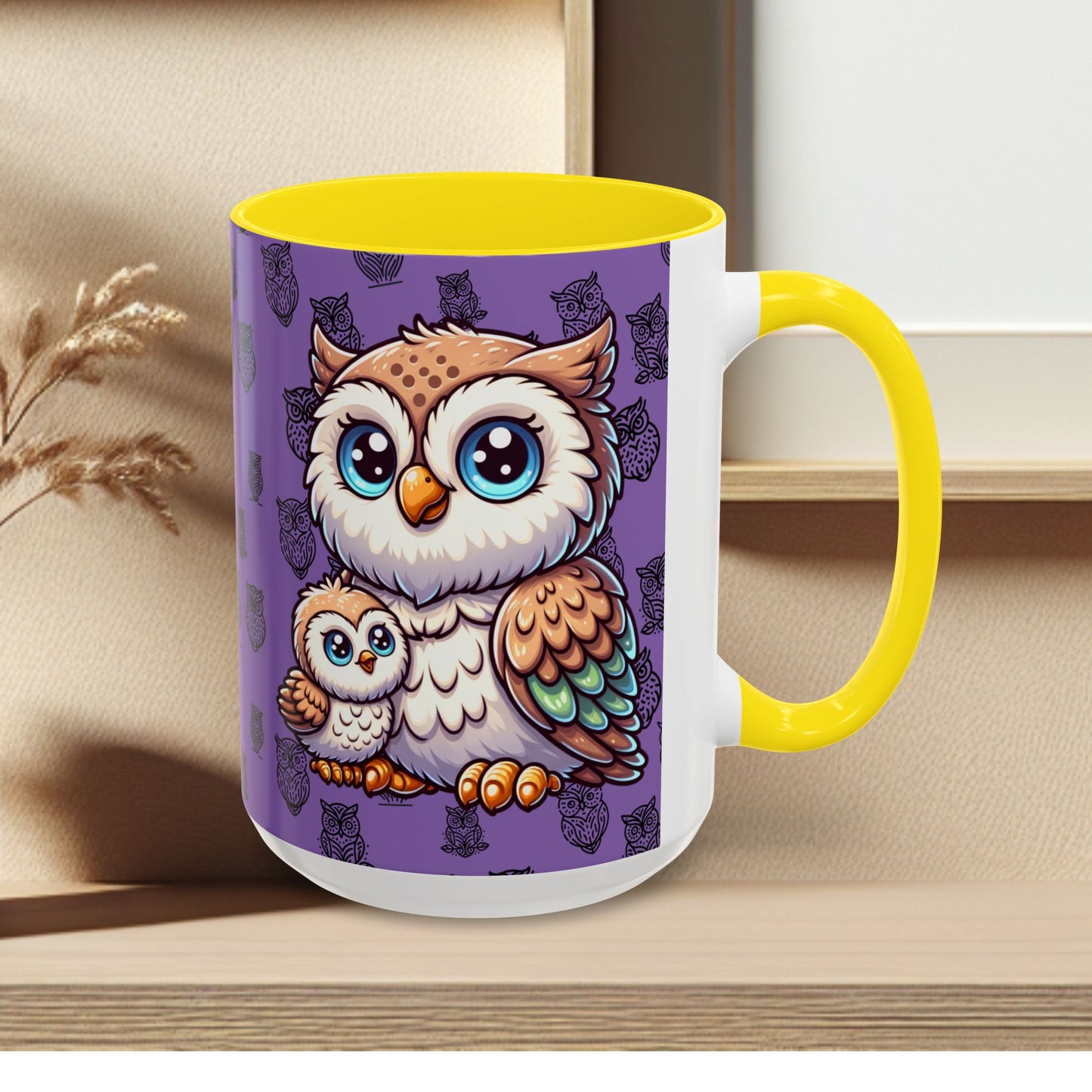 Purple Coffee Mug - Owl Family - Colorful Inspirational Owl Design