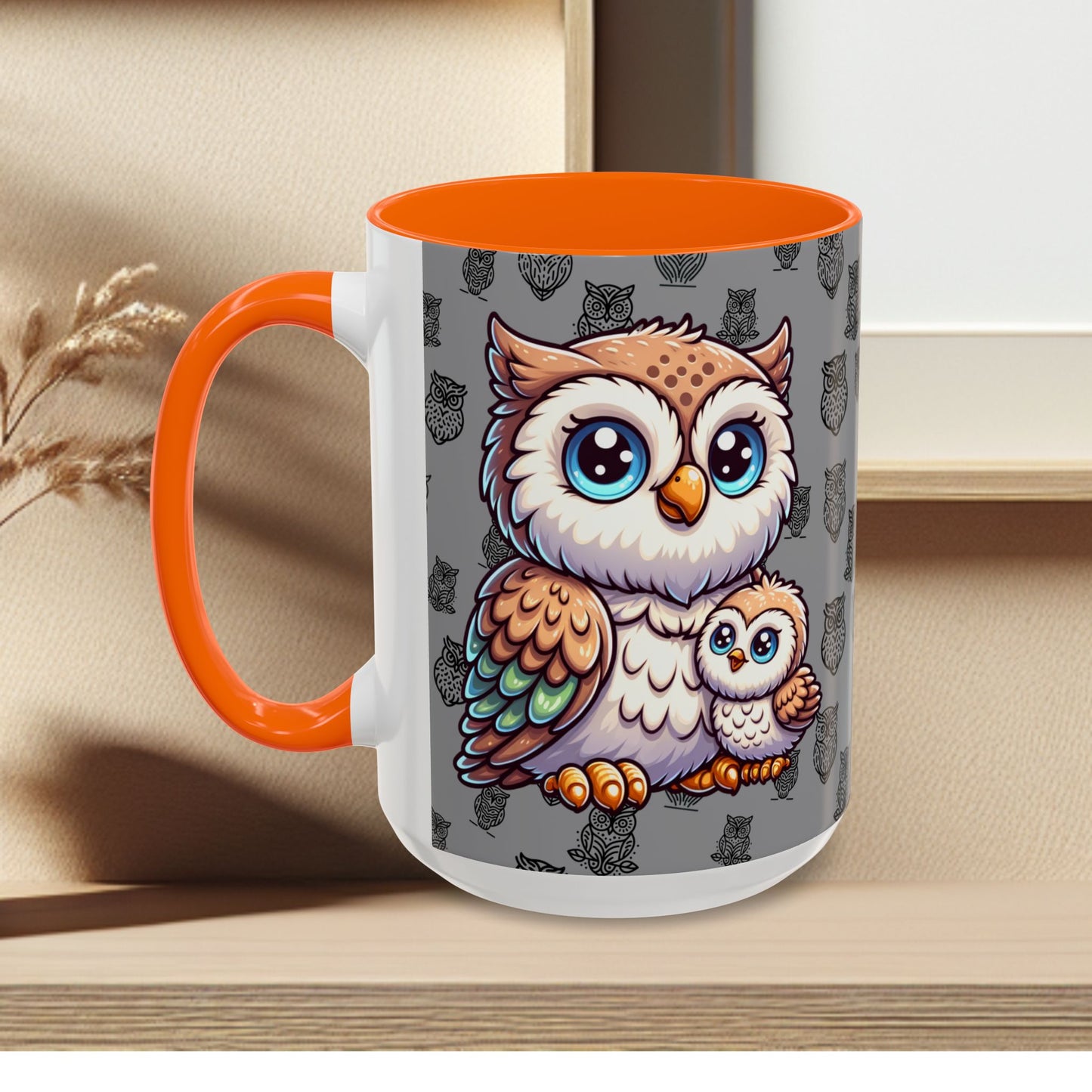 Gray Coffee Mug - Owl Family - Colorful Inspirational Owl Design