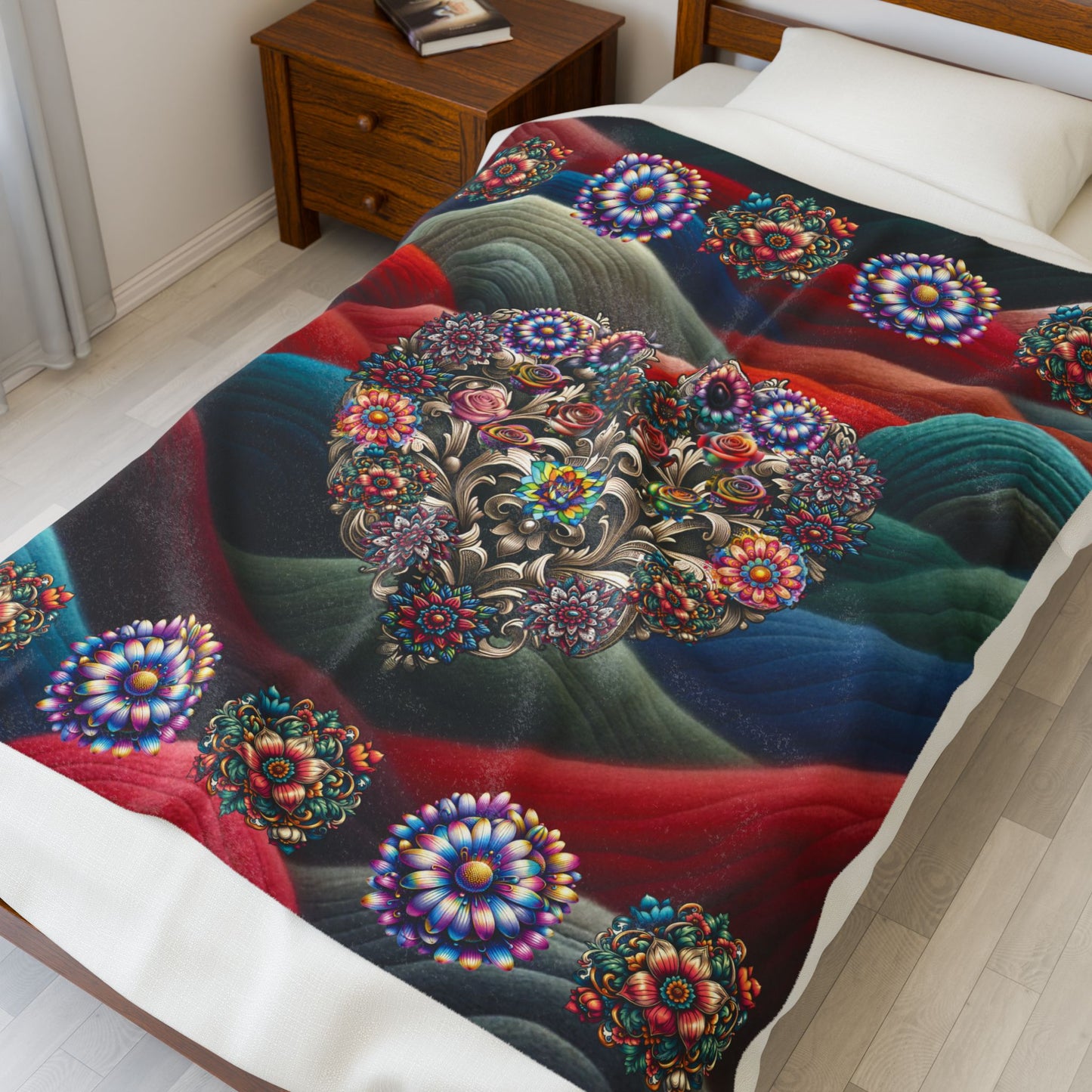 Flower Heart Velveteen Plush Blanket — Cozy Heart-Filled Floral Throw