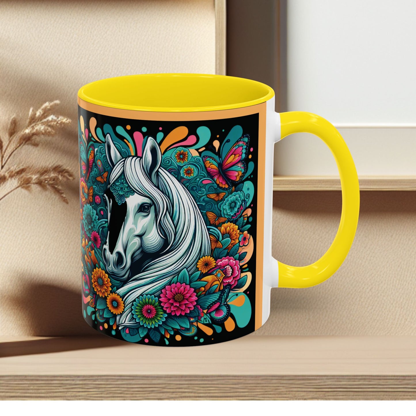 Coffee Mug White Horses with Blue Highlights in Flowers - Mug