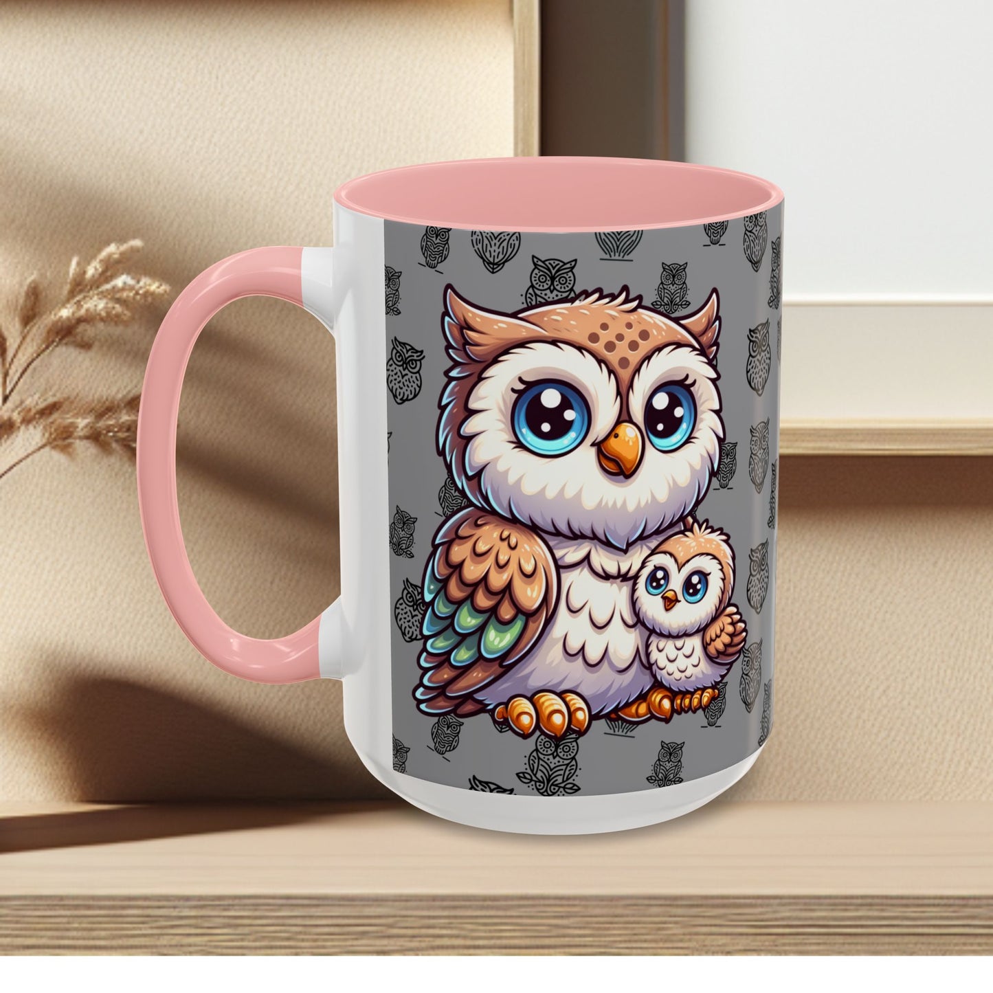 Gray Coffee Mug - Owl Family - Colorful Inspirational Owl Design