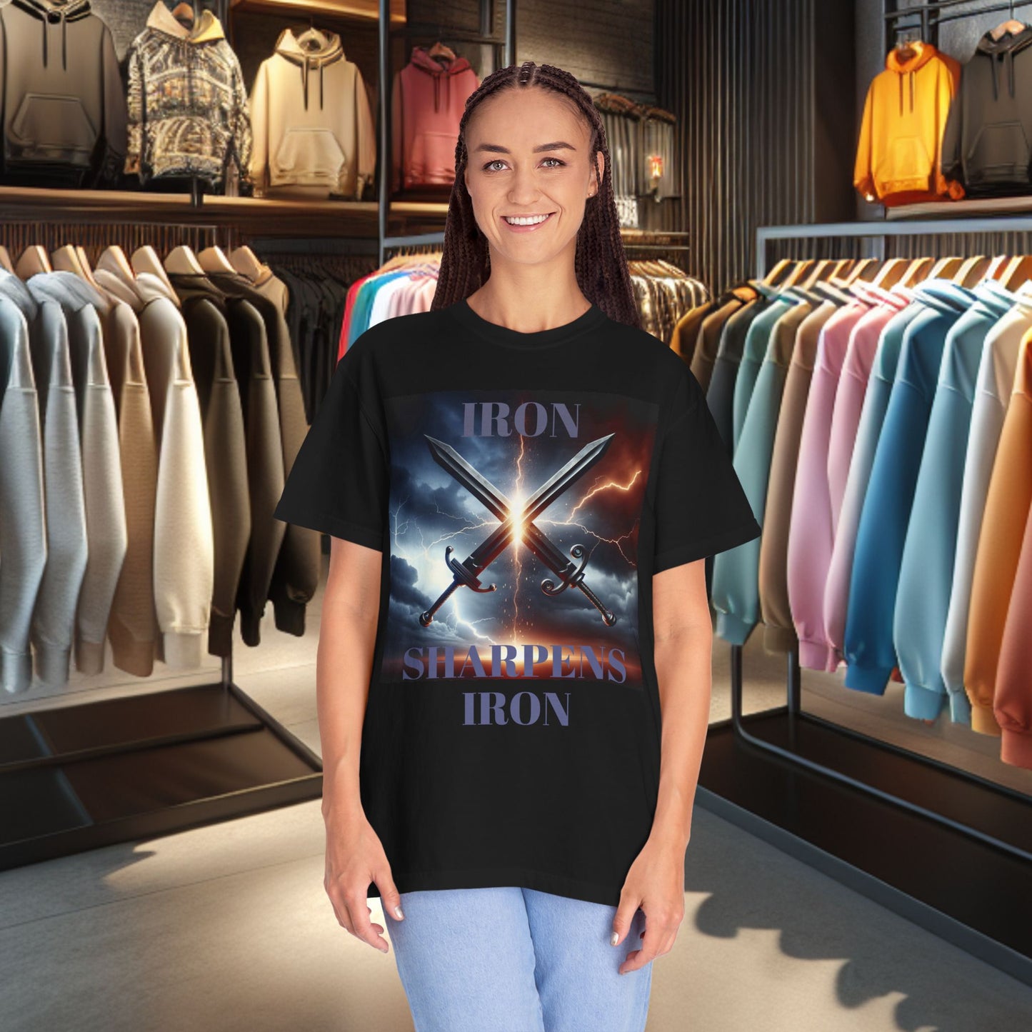 Iron Sharpens Iron Tee — Clashing Swords Thunder & Lighting Graphic T-Shirt