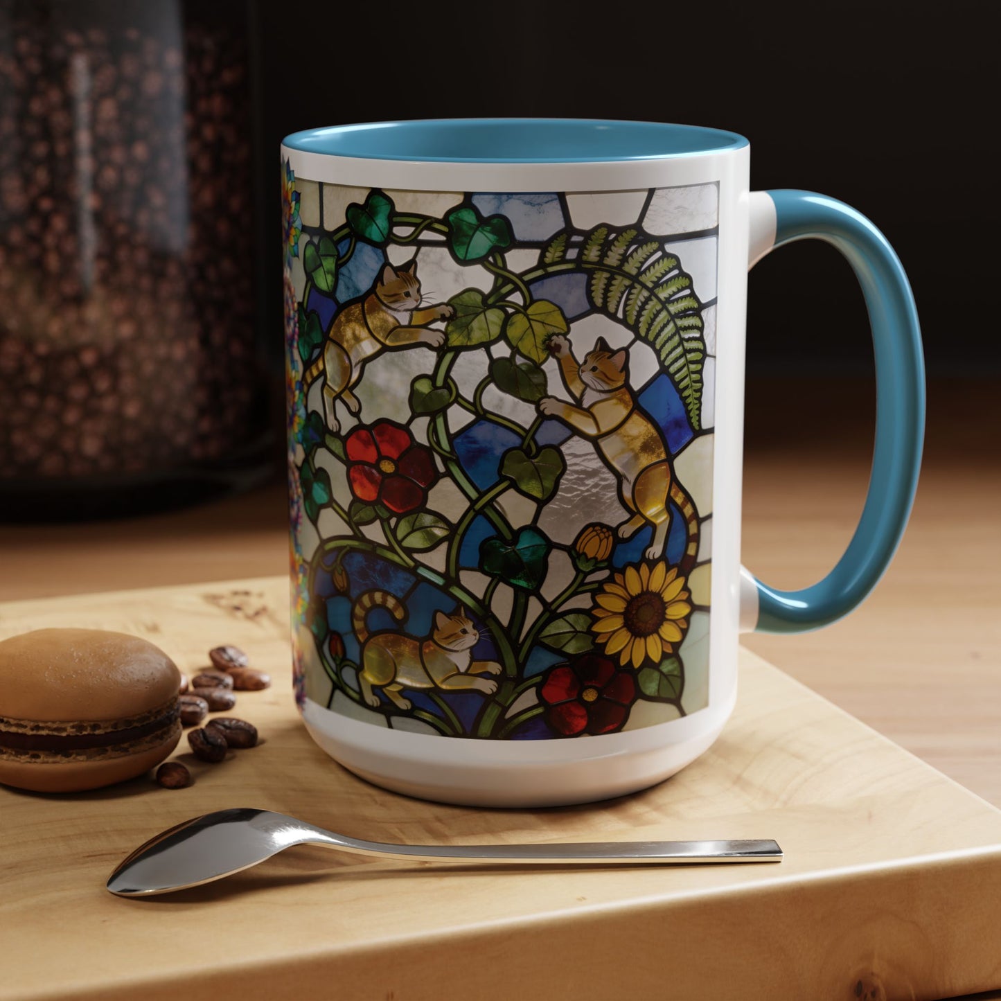 Stained Glass Cats Accent Coffee Mug – Floral Tiffany-Style 11/15oz