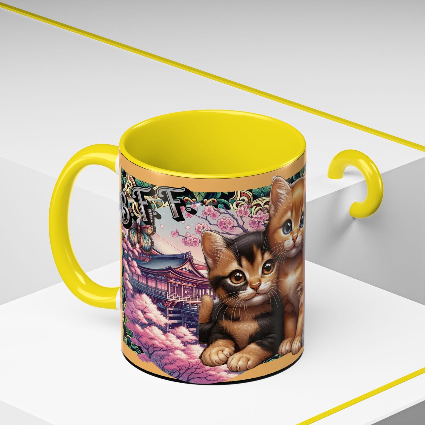 Mug - 3 B F F kittens and Butterflies Coffee Mug with Cherry Blossoms