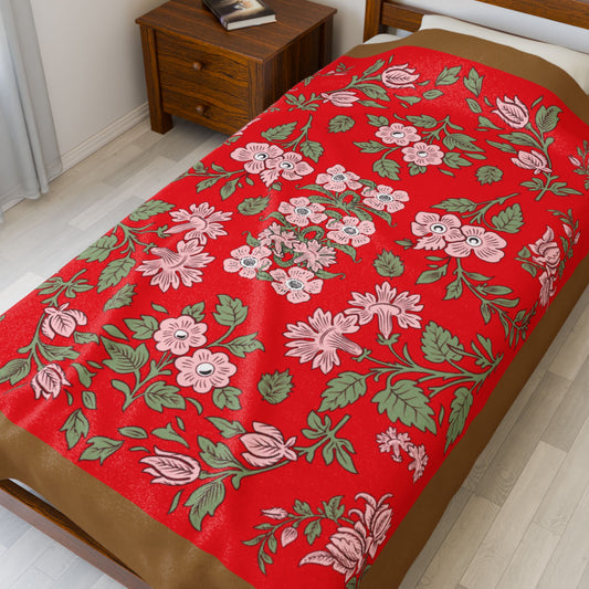 Floral Velveteen Plush Blanket - Pink Flowers Red Background