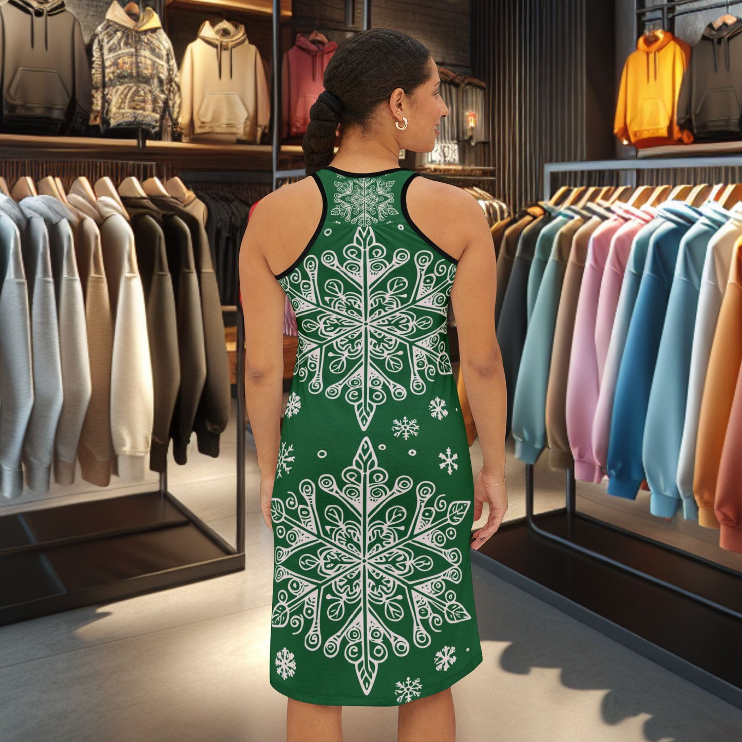 Racerback Dress — Festive Green Snowflake All-Over Print